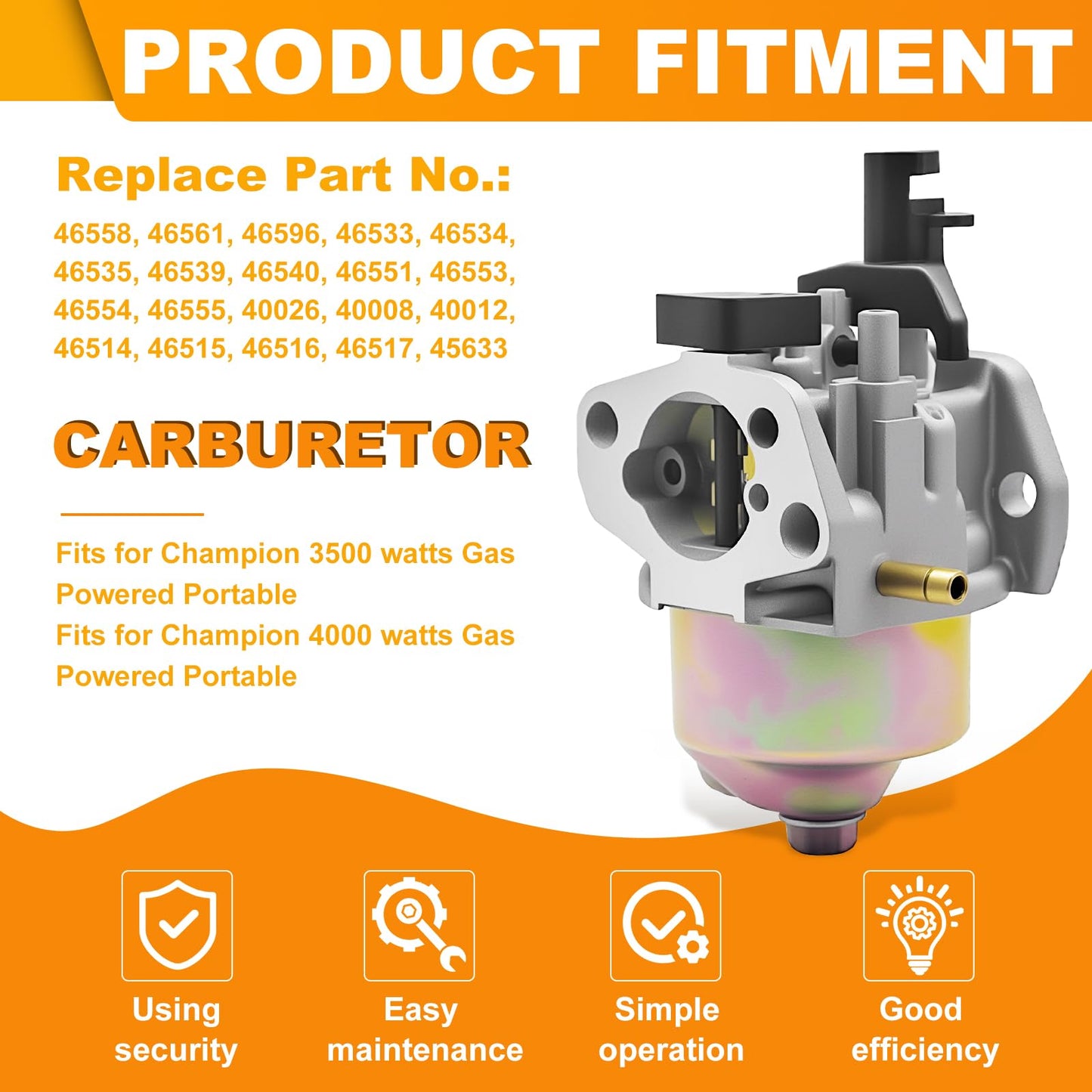 Triumilynn 196cc Carburetor for Champion Power Equipment 3500 4000 3000 Watt, 6.5 HP OHV Engine Carburateur, 46561 46558 46539 46551 46555 40026 46514 45633, 196cc Carburateur