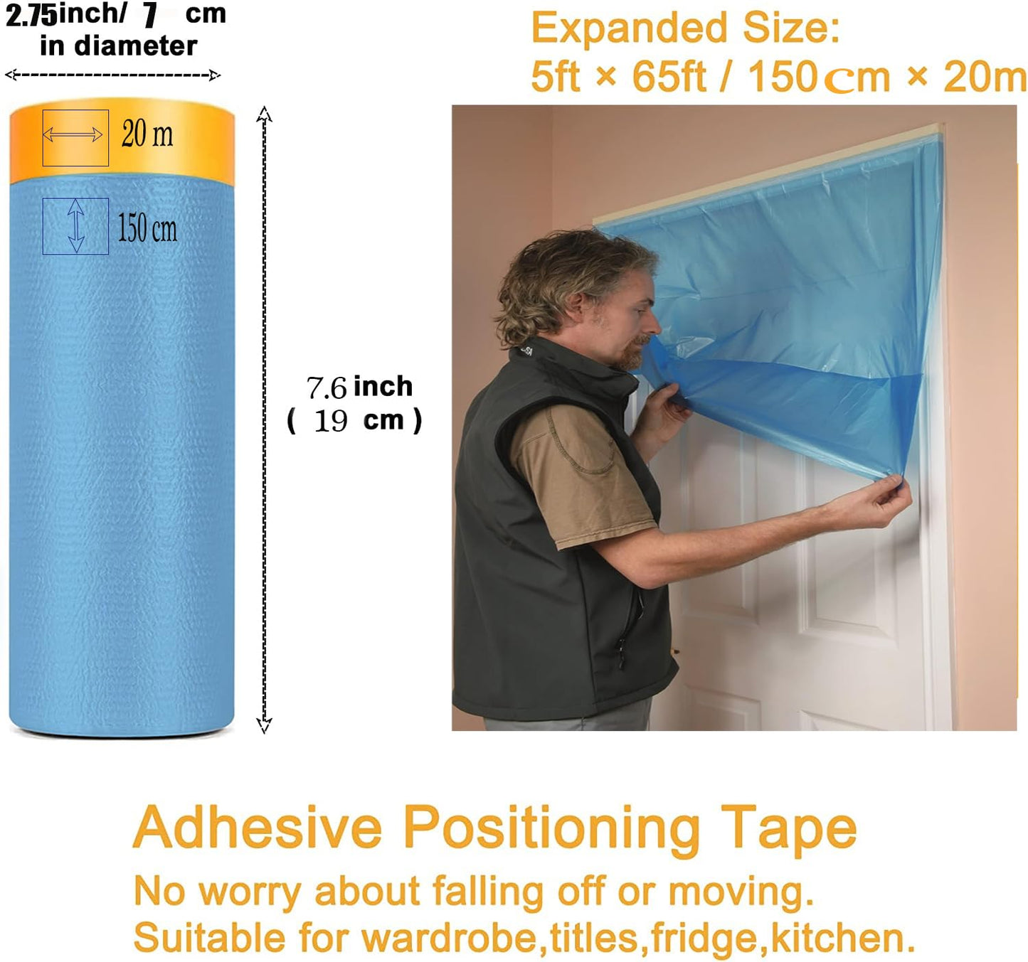 Pre-Taped Masking Film for Painting - 60" x 66' Painters Plastic Sheeting with Automotive Paint Tape and Drape for Covering Cars, Walls, Windows and Furniture Protection (4 Rolls)