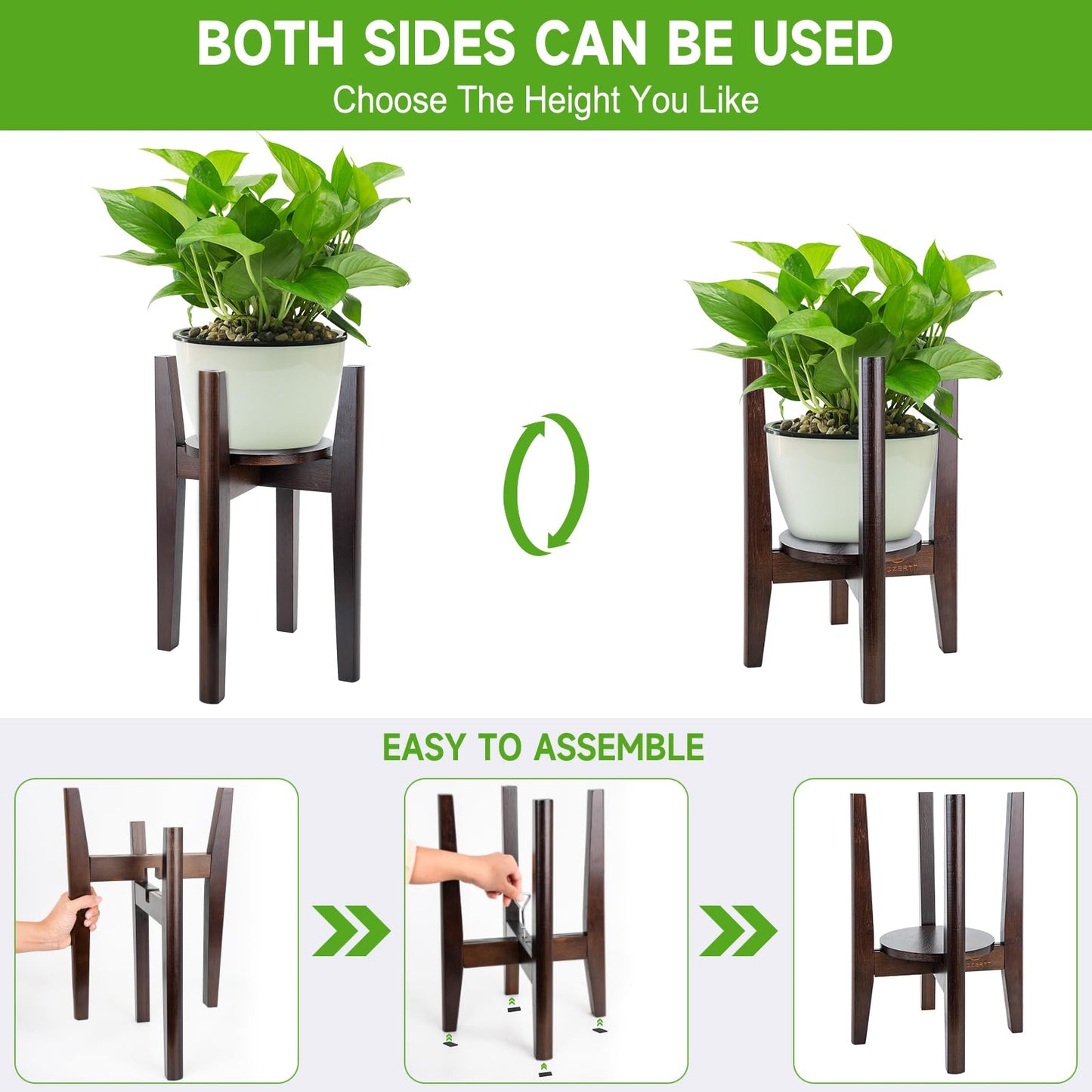 Adjustable Plant Stand with Tray,Indoor Wood Plant Stand Fit 8'' to 12'' Planter,Mid Century Modern Flower Pot Holder Rack(Plant and Pot Not Included),Walnut