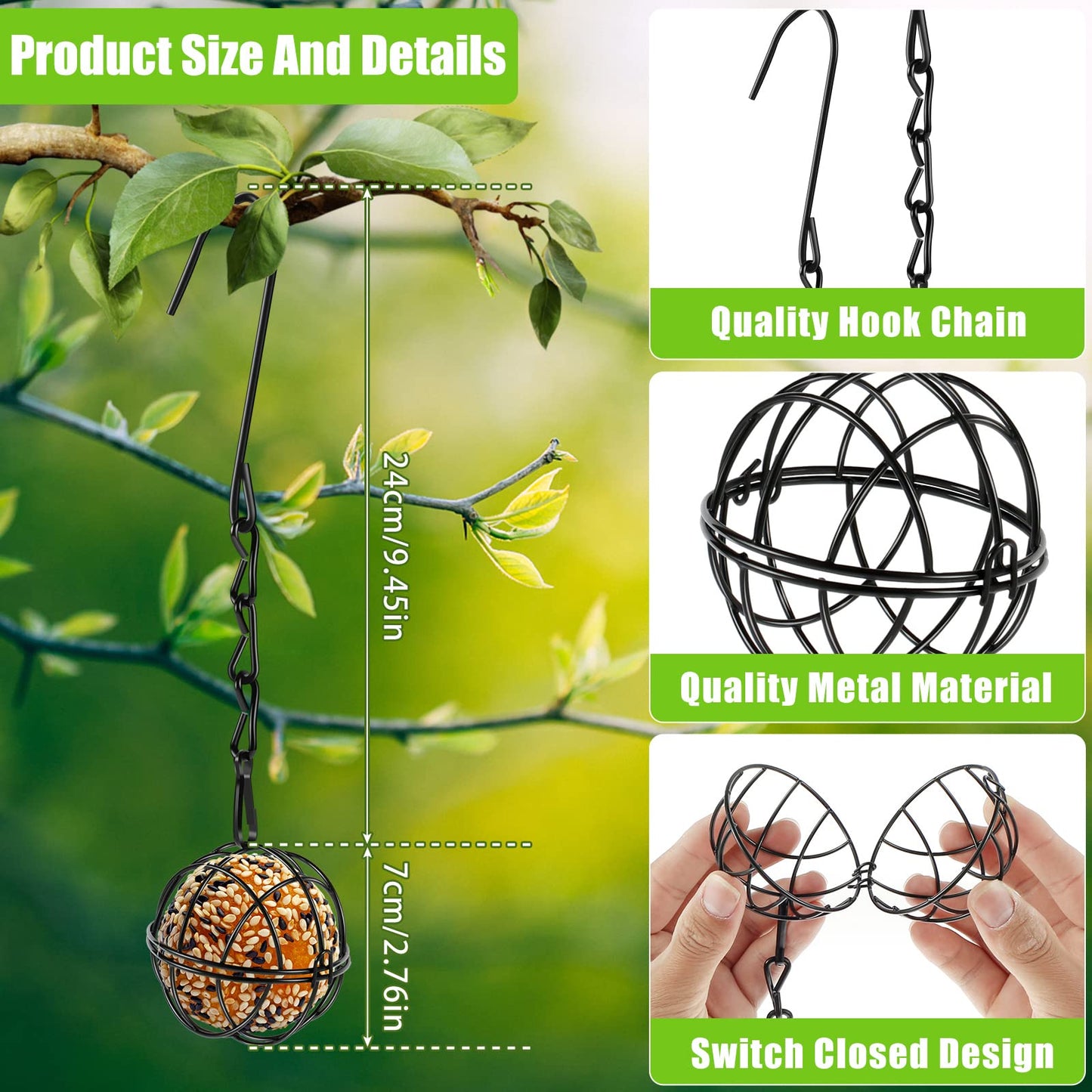 Abizarch 4 Pack Suet Ball Bird Feeder Set, Metal Bird Feeding Station Kit with Hanging Chain, Squirrel Proof Bird Feeders for Outside ,Hanging Hummingbird Feeders for Wild Birds Outdoor Garden