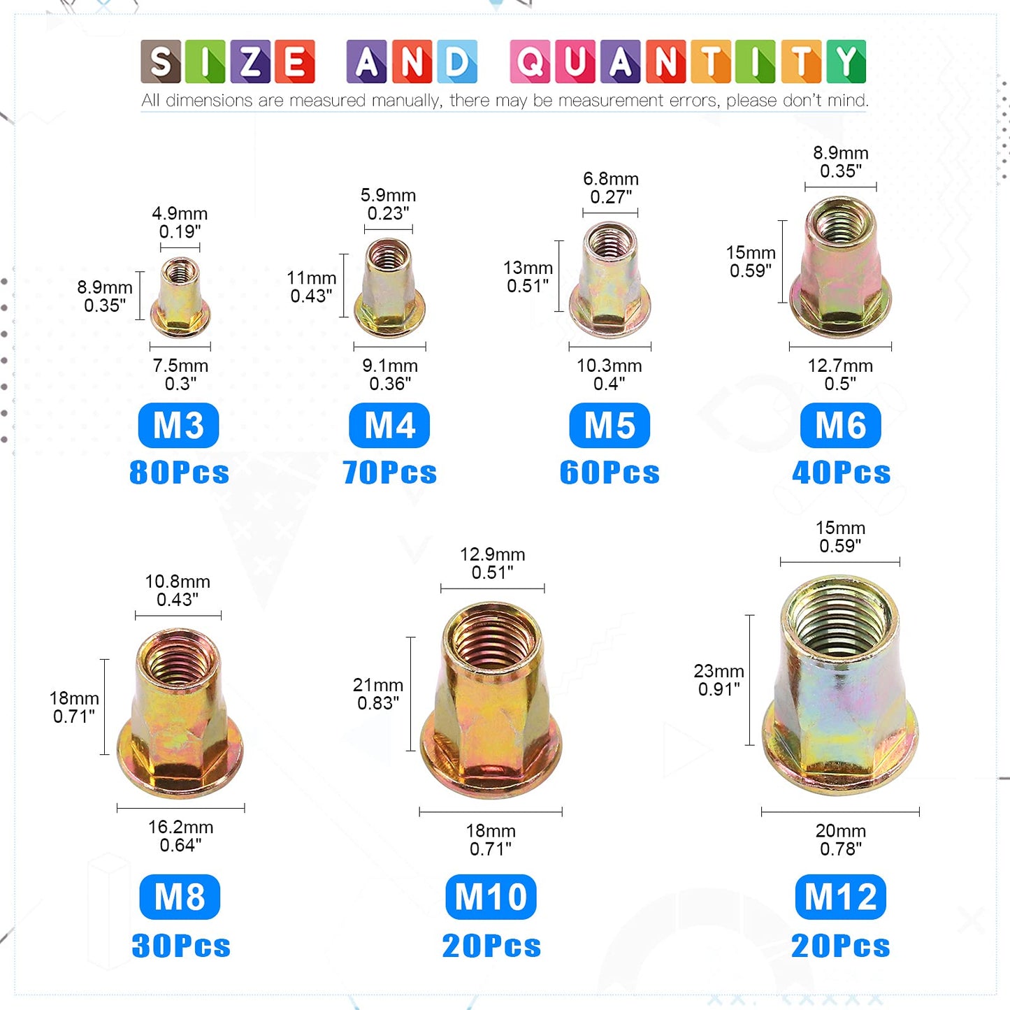 Glarks 320Pcs M3 M4 M5 M6 M8 M10 M12 Half Hex Body Flange Rivet Nuts Assortment Kit, Zinc Plated Carbon Steel Flat Head Threaded Insert Nut Rivnut Set (Rivet Nut Set)