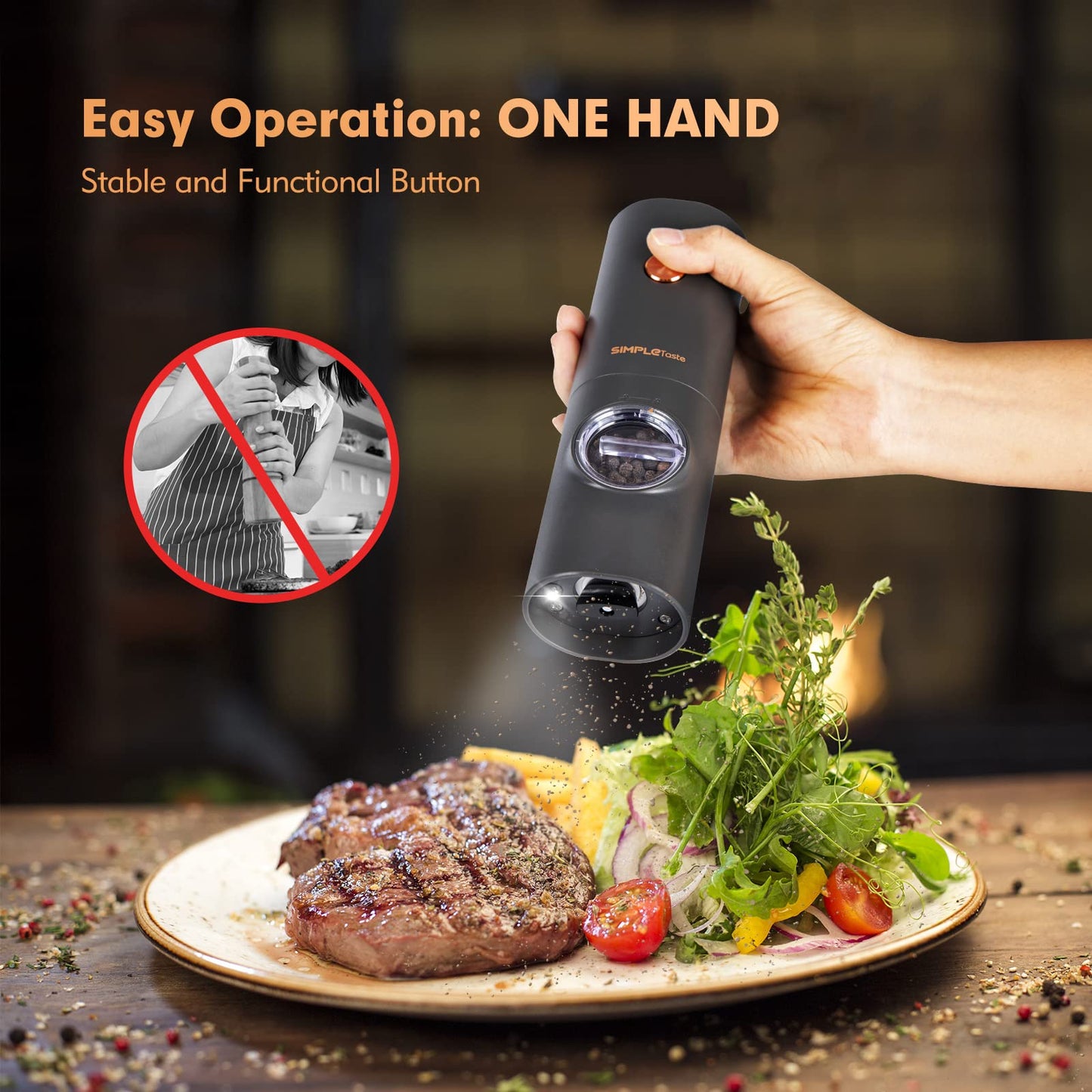 SIMPLETASTE Electric Salt and Pepper Grinder Set, One-Handed, Battery Powered, Adjustable Coarseness, LED Light, Pepper Mills with Stand, Seasoning Tools for Kitchen, Dining