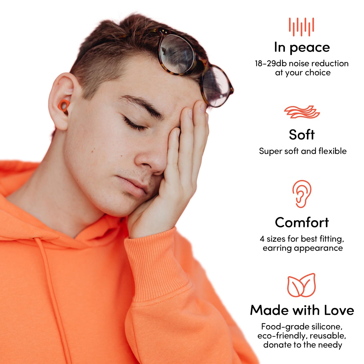 Audree Super Soft Ear Plugs for Sleeping Noise Cancelling - 28dB Noise Reduction Earplugs for Sleep , Concert, Airplanes & Noise Sensitivity, 8 Reusable Silicone Ear Tips in XS/S/M/L (Orange)