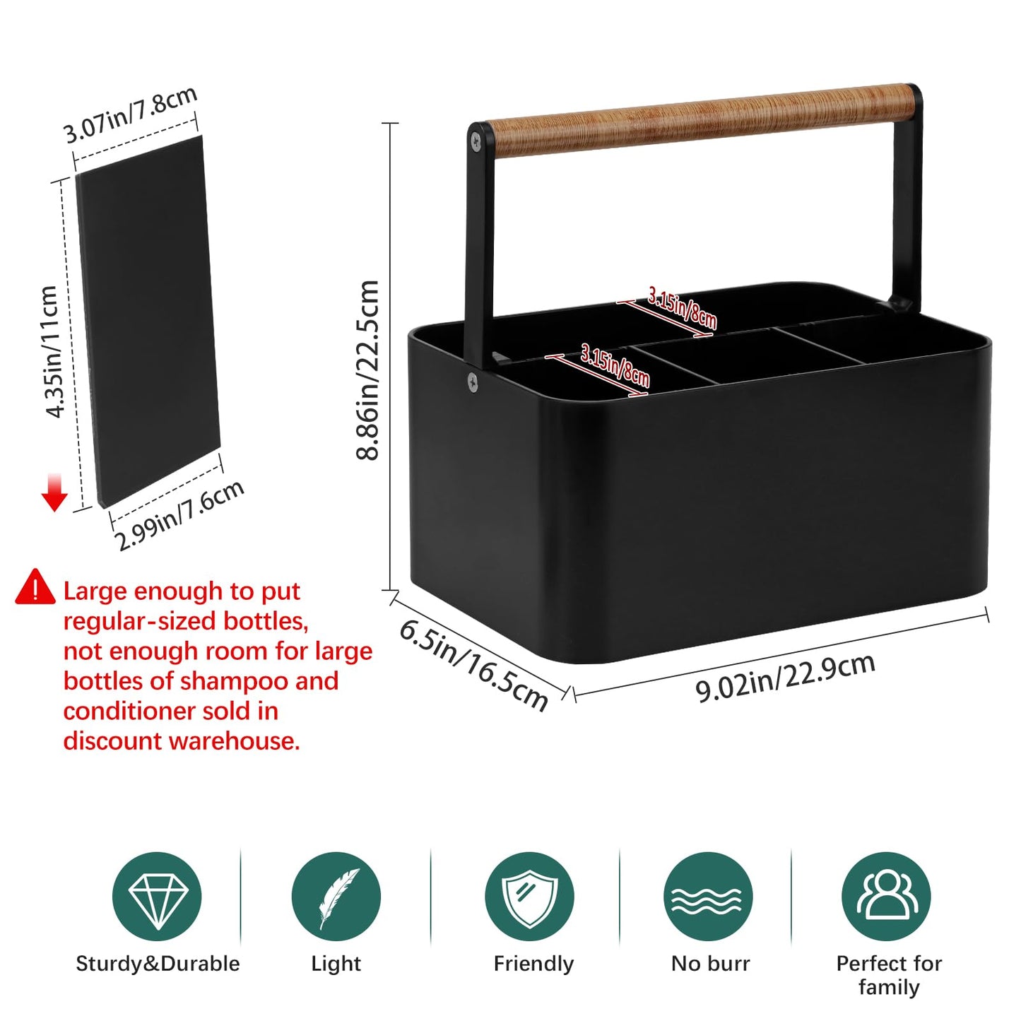 BYUNER Portable Shower Caddy Dorm: Bathroom Cleaning Caddy Organizer with Handle and Adjustable Dividers,Plastic Shower Basket for Toiletry,Makeup,Vanity,Shower Storage Tote for College (Black Wood)
