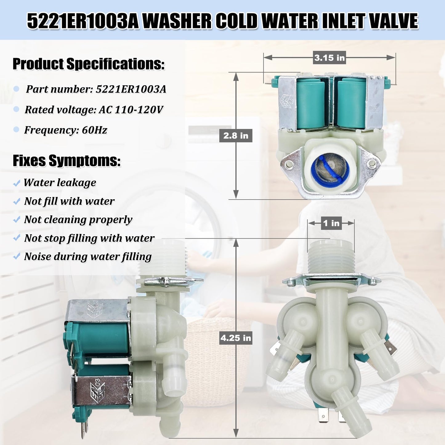 5221ER1003A Washer Water Inlet Valve for LG/Kenmore Washing Machine Cold Water Valve Assembly Replacement Parts 5221ER1003C 5221ER1003D AP4442608 PS3527452