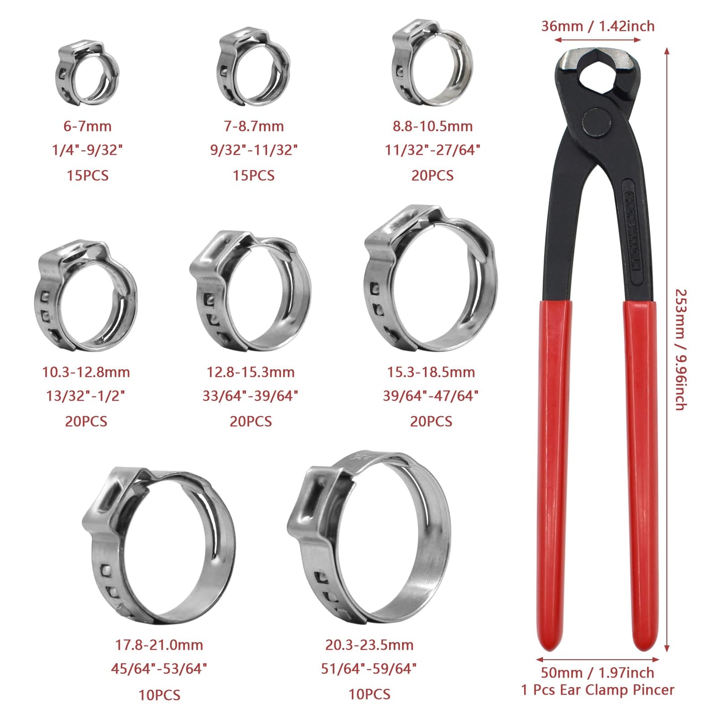 130pcs Heavy Duty PEX clamp Assortment Kit with Pliers, Stainless Steel Single Ear Hose Clamps 1/4"- 0.92"(6-23.5mm), PEX Cinch Crimp Rings Pinch Clamps for Water Pipe, Plumbing and Automotive Use