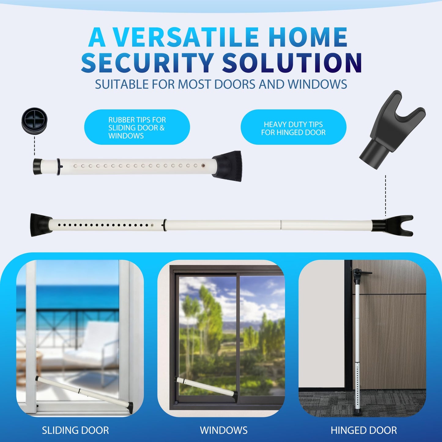 2025 Upgraded 2-in-1 Door Security Bar & Sliding Windows Bar,Adjustable Heavy Duty Stoppers Jammer for Apartment,Home, Hotel Room,Travel(1 Pack,White)