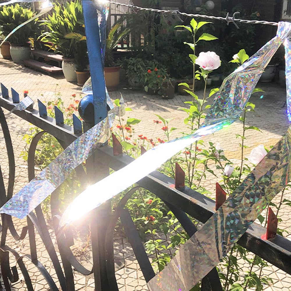 4 Pcs 1048ft Bird Repellent Devices Outdoor Bird Scare Tape Ribbon Hanging Reflective Bird Tape Ribbon Bird Deterrents for Outside Pigeon Deterrent Balcony for House Garden (4, Laser Silver Floral)