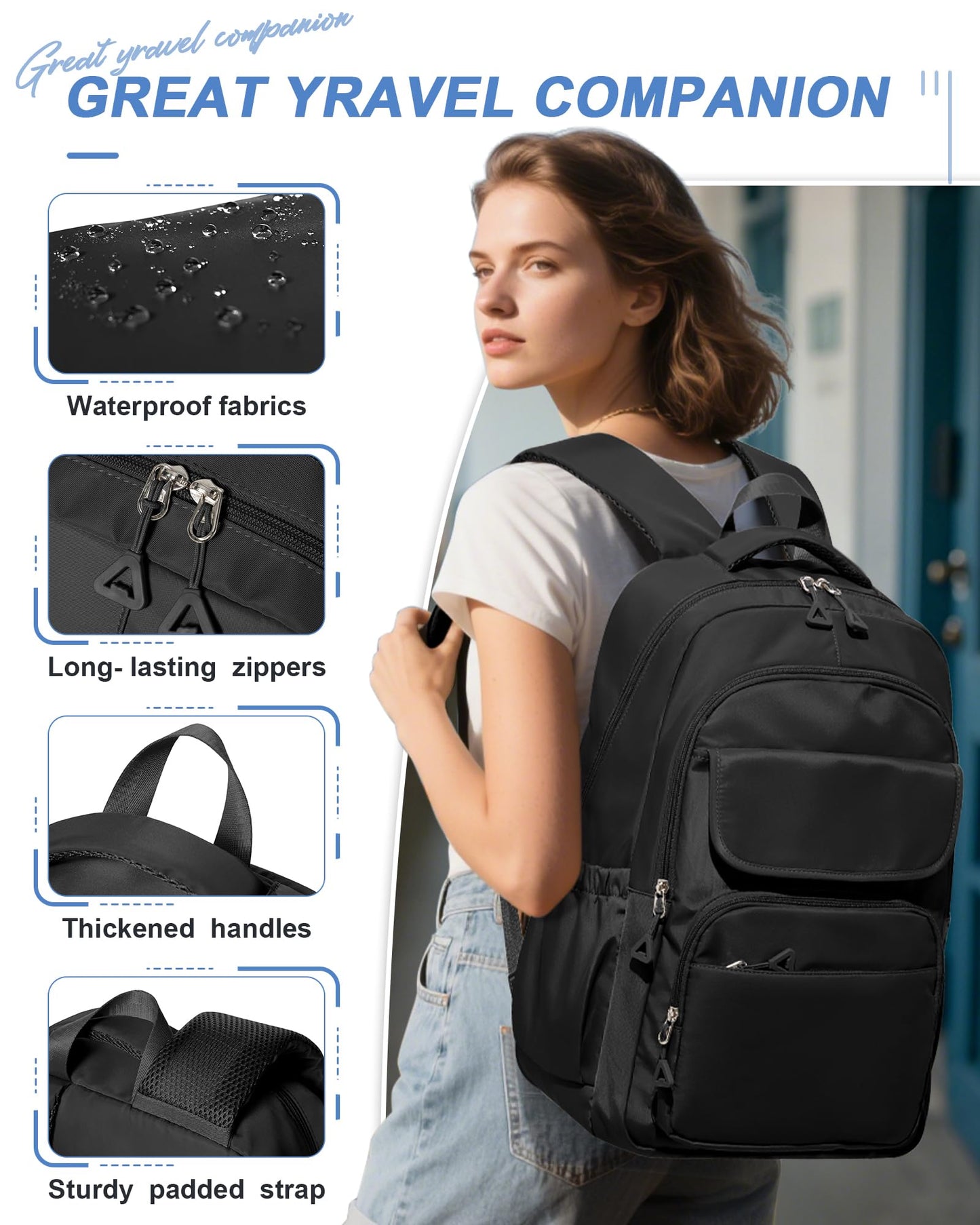 Black Backpack For Women Men,School Backpack For Teens Boys Girls,College Waterproof Laptop Backpack