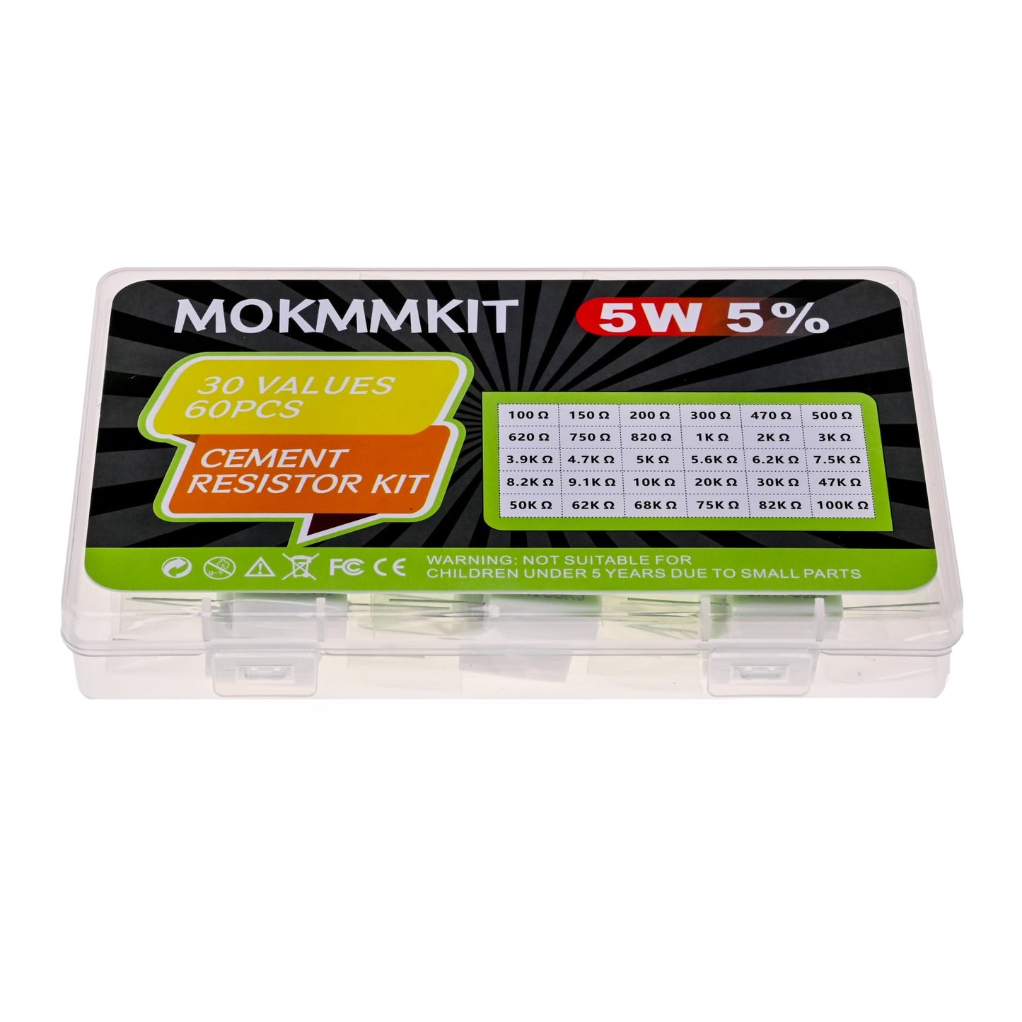 MOKMMKIT 30 Values 60 Pieces Ceramic Cement Resistor KIT 5W Resistance 5 Watt ±5% Power Resistors (100 ohm-100K ohm)