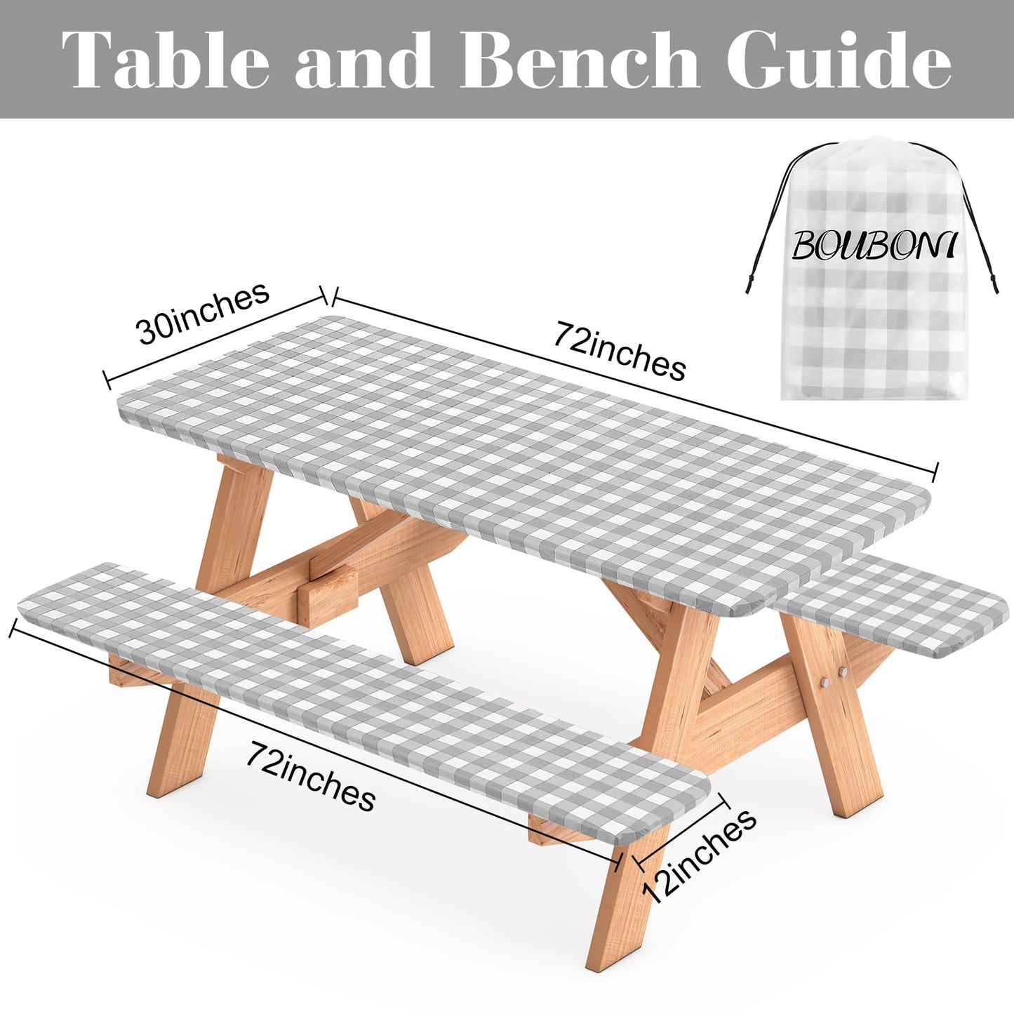 BOUBONI 3 Pcs Set Fitted Picnic Table Cover with Bench Covers and Bag Vinyl Camping Table Cloth Flannel Backing Picnic Table Cloth for 6ft Tables Camping Outdoor (Gray Checked, 30 x 72 Inches)