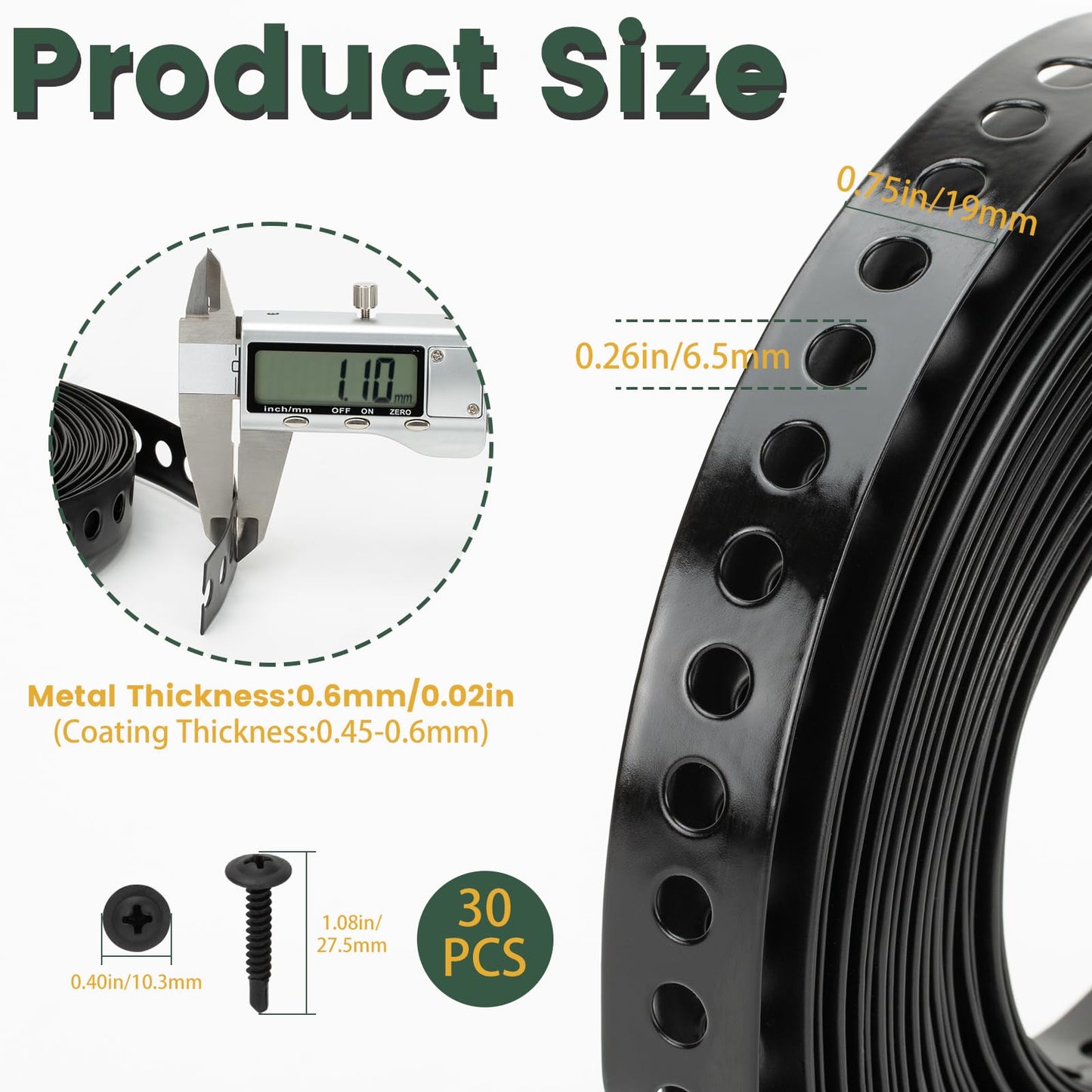 Black Metal Pipe Strap 3/4-Inch x 33-Feet 0.5mm Thickness Pipe Hanger Strap for Pipe Supports Hanging with Screw Metal Strapping with Hole