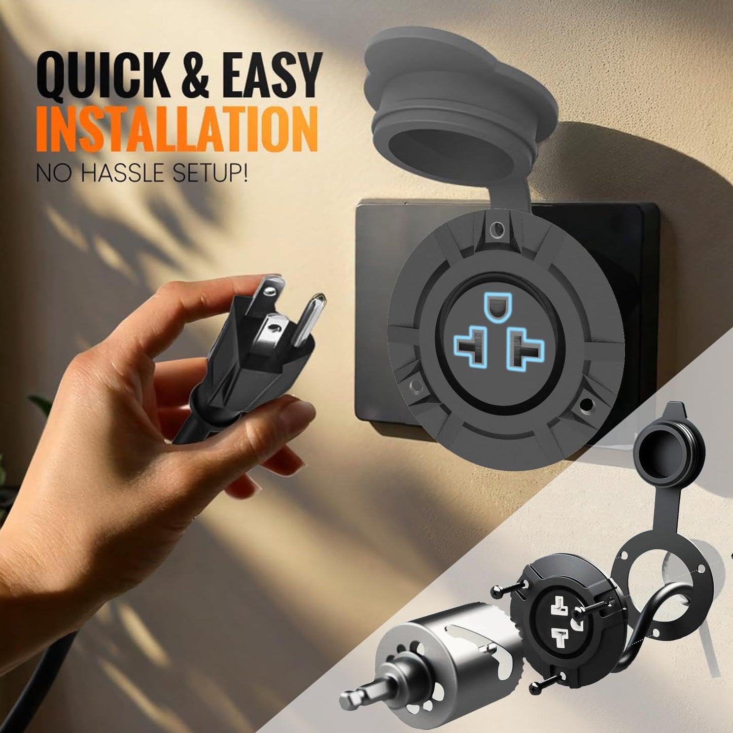 KarlKers 15A Weatherproof Outdoor Power Outlet, 15 Amp 125V NEMA 5-15R Receptacle Outlet with Integrated 20 Inch Extension Cord, 12AWG Outdoor Electrical Outlet with Waterproof Rubber Cover