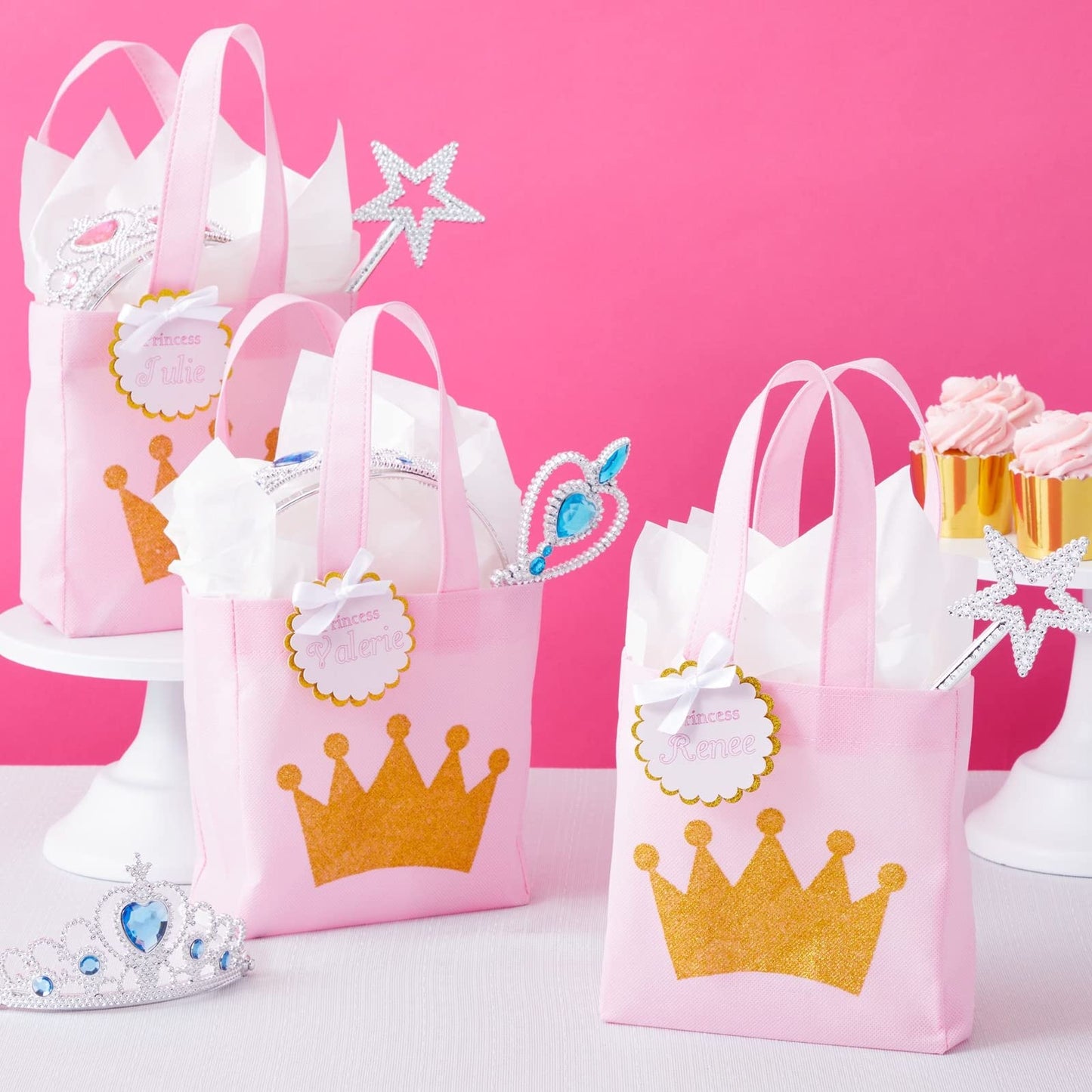 24 Pack Princess-Themed Party Favor Bags for Girls, Pink Canvas Gift Bags for Birthday (6.5 x 7 x 2 in)