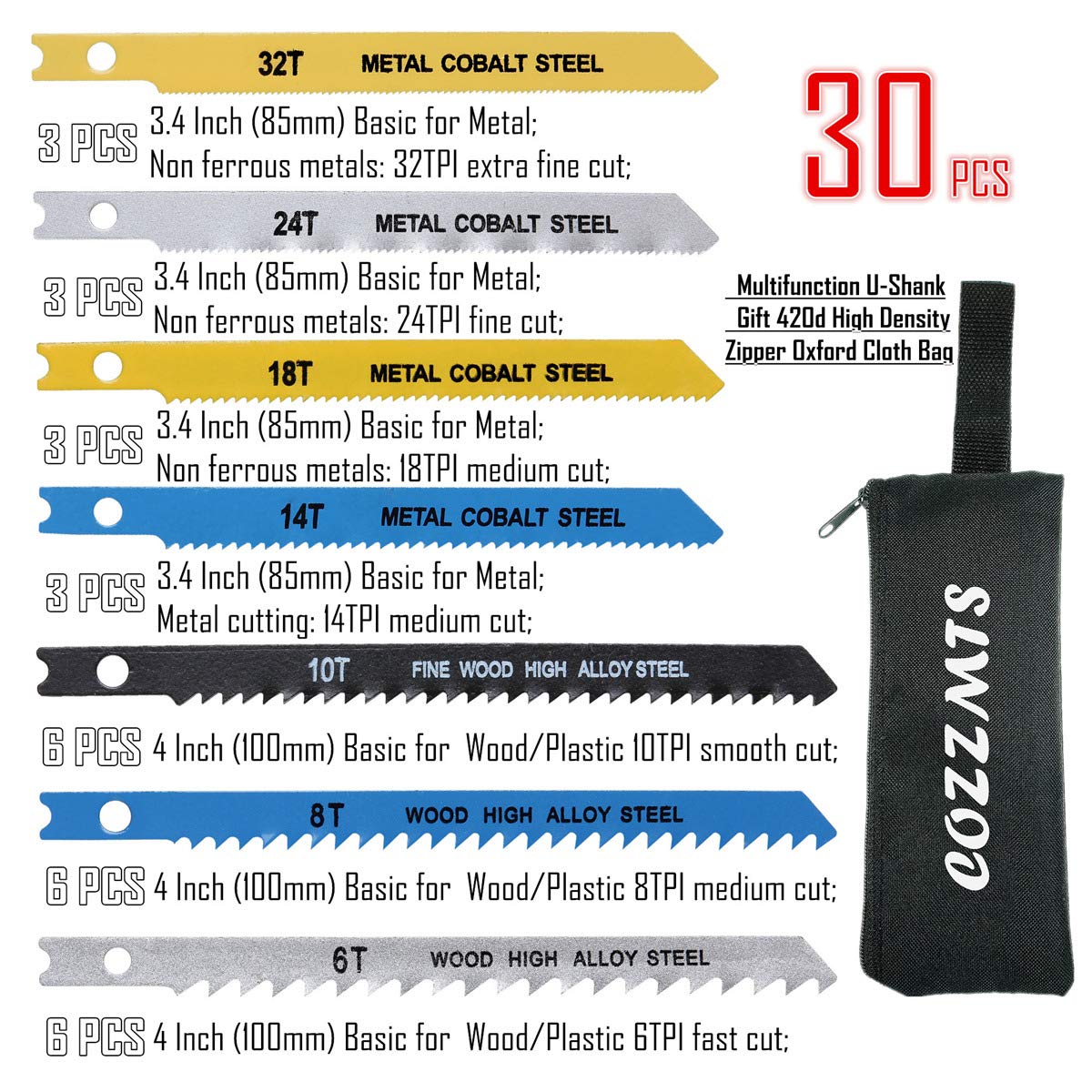 30PCS U-Shank Jig Saw Blade Set for Wood Plastic Metal Cutting, Replace Bosch DEWALT SKIL Black and Decker Jigsaw Blades U Shank Includes 6T 8T 10T 14T 18T 24T 32T with 420D Zipper Bag
