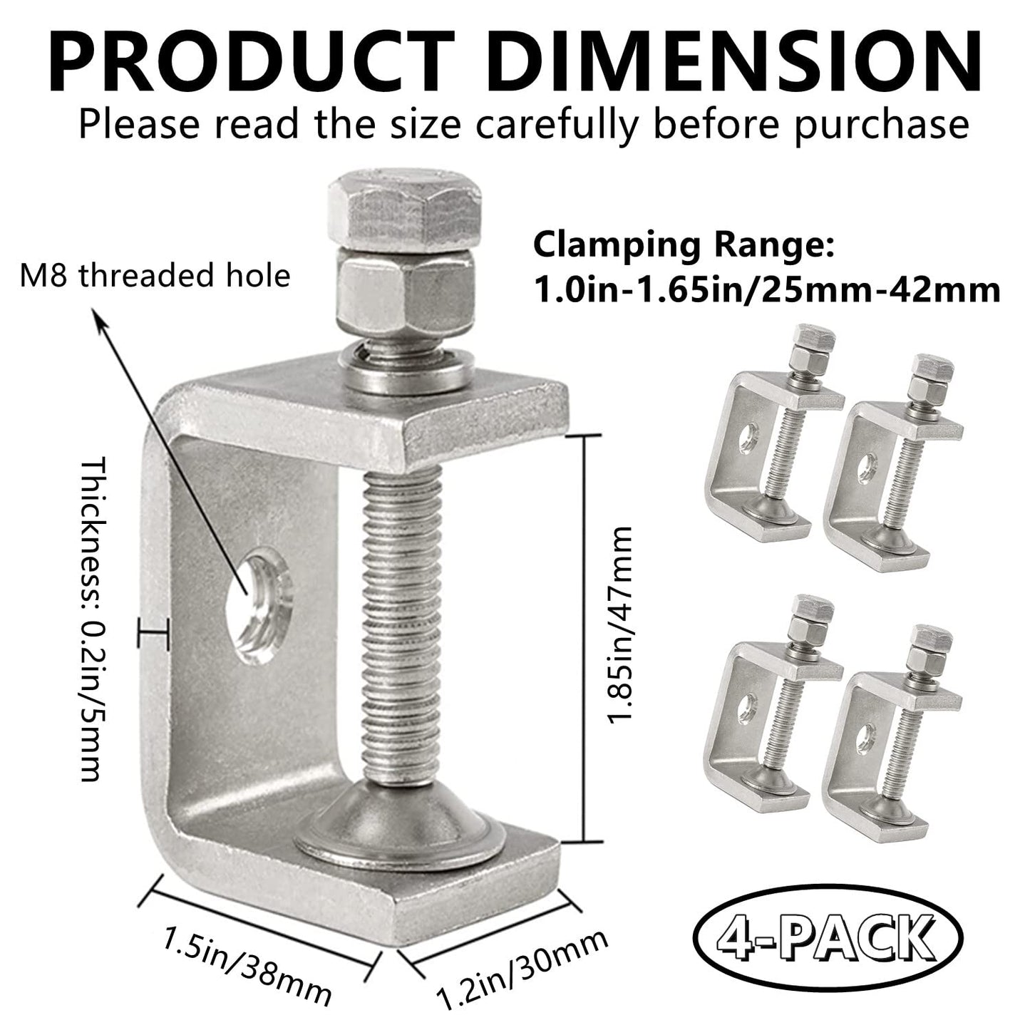 RHBLME 4 Pack Heavy Duty C Clamps, 304 Stainless Steel Small C Clamps, Clamping Range 1in to 1.65in, G Clamps with Adjustable Wide Jaw Openings for Woodworking Welding Construction