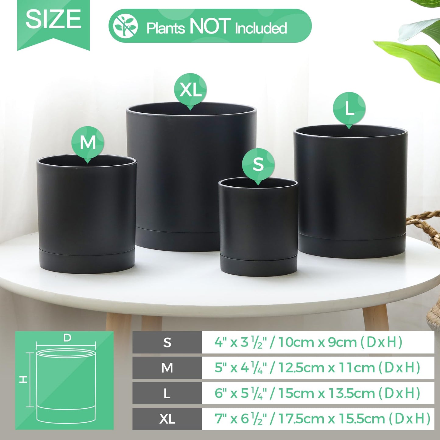 T4U 7/6/5/4 Inch Plastic Plant Pots with Saucer 4-Pack, Flower Planter Pot with Drainage Hole Black, Nursery Planting Pot for Snake Plant, African Violet and House Plants