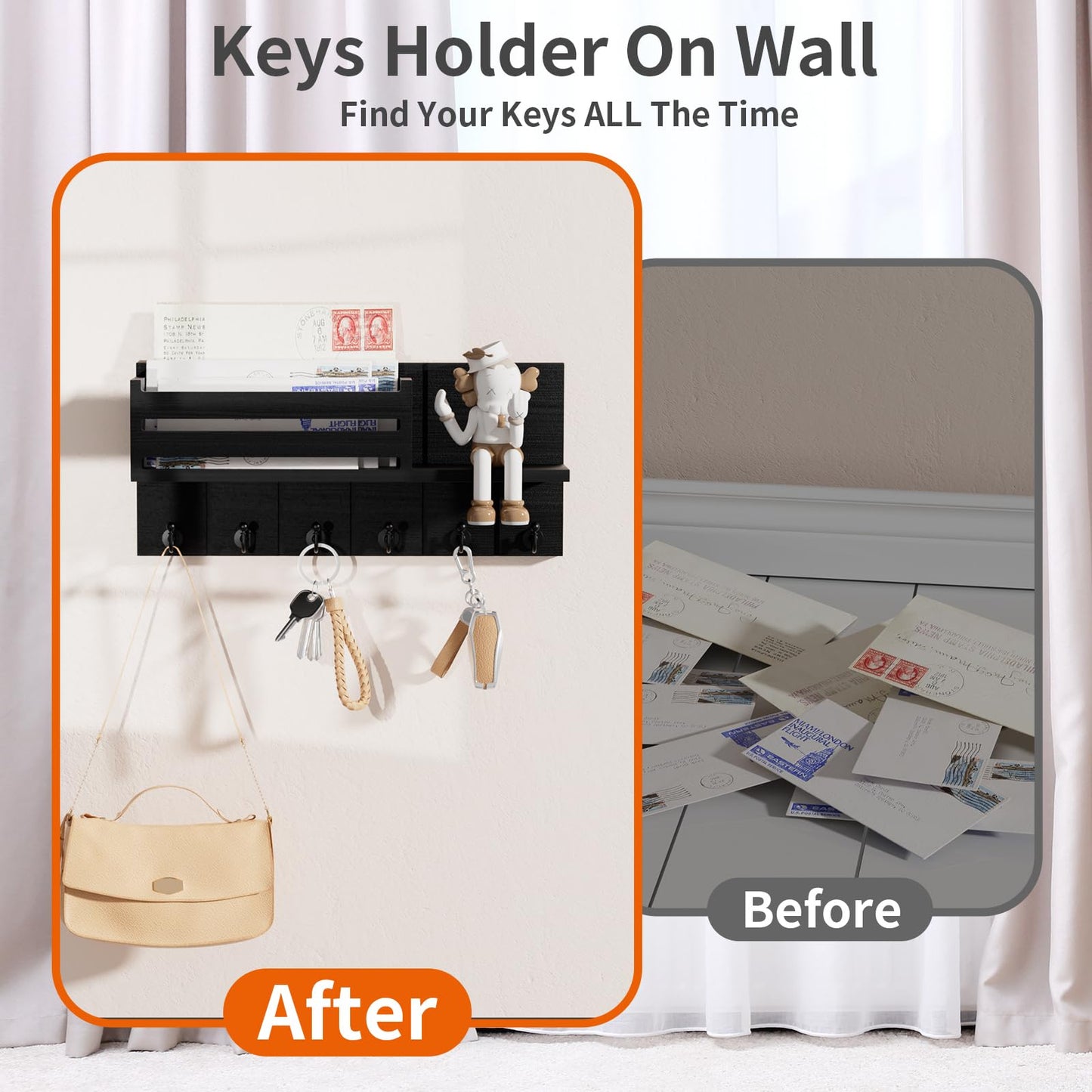 SWTYMIKI Key Holder Wall Mount - Key Holder with Shelf Includes Letter Holder & 6 Key Hooks, Paulownia Wood Key Rack with Mounting Hardware, Mail Organizer for Hallway, Entryway, Bedroom, Black