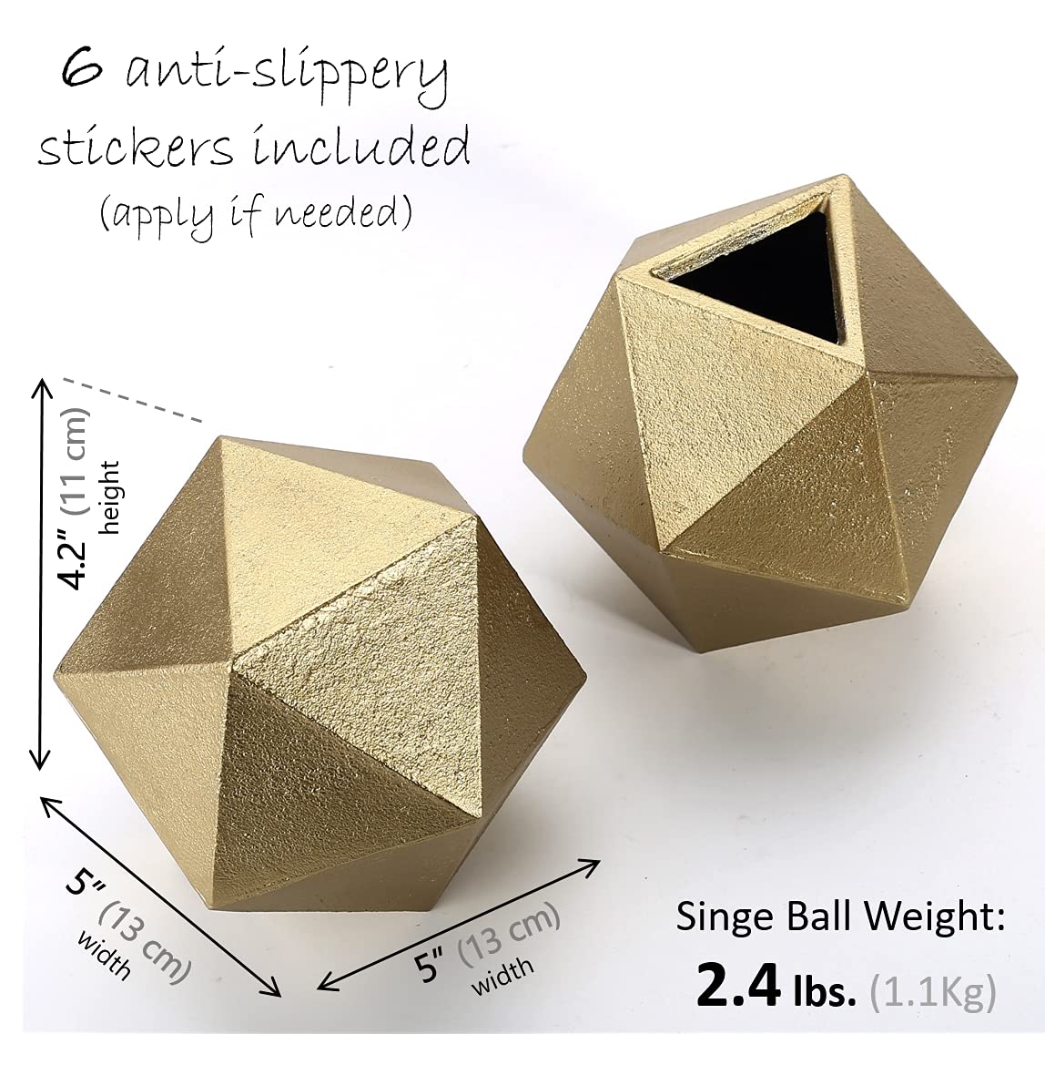 Ambipolar Geometric Shelf Décor Ball Shape Iron Cast Decorative Bookend for Lightweight Books Or Organizer, 2 Pack (Gold)
