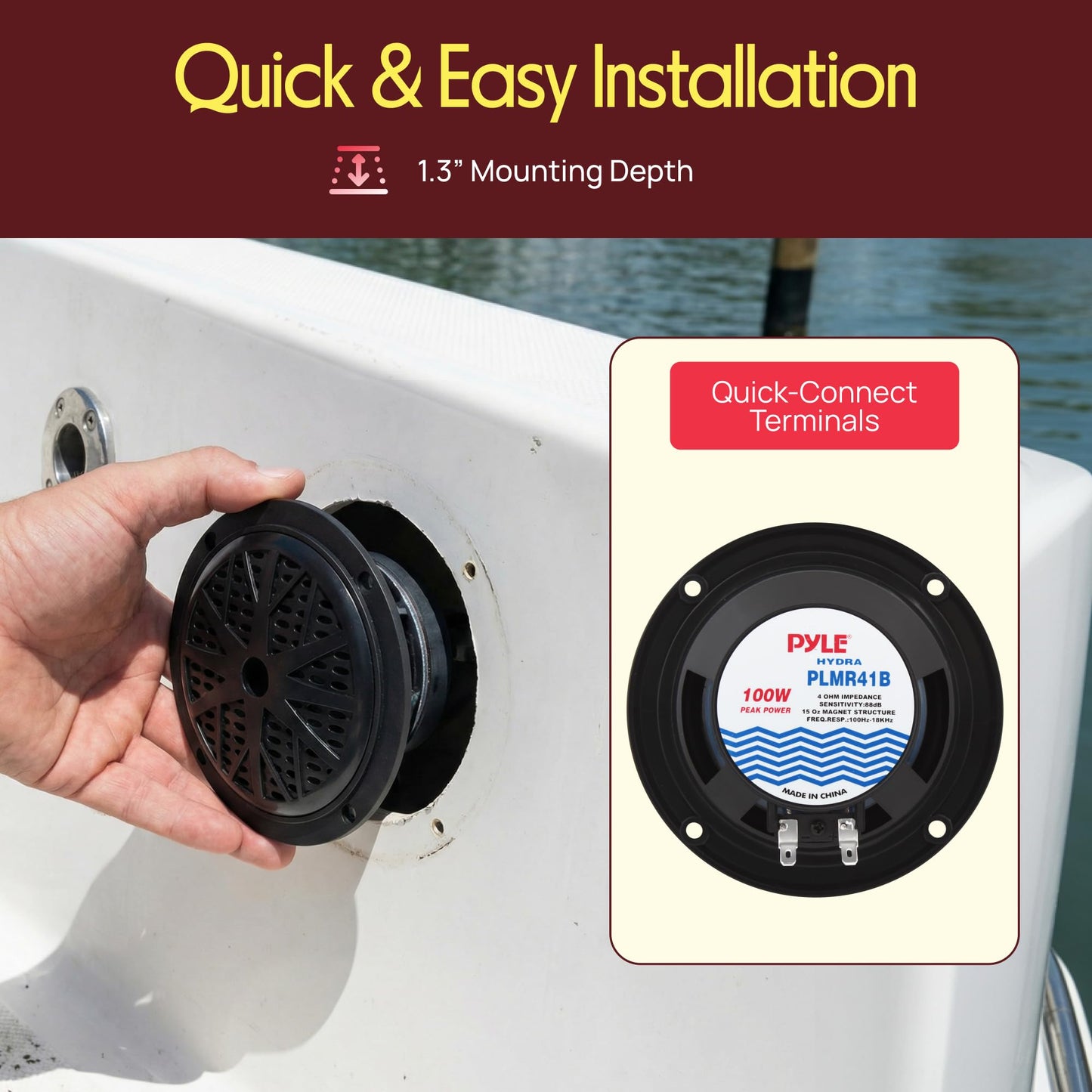 4 Inch Dual Marine Speakers - Waterproof and Weather Resistant Outdoor Audio Stereo Sound System with Polypropylene Cone, Cloth Surround and Low Profile Design - 1 Pair - PLMR41B (Black)
