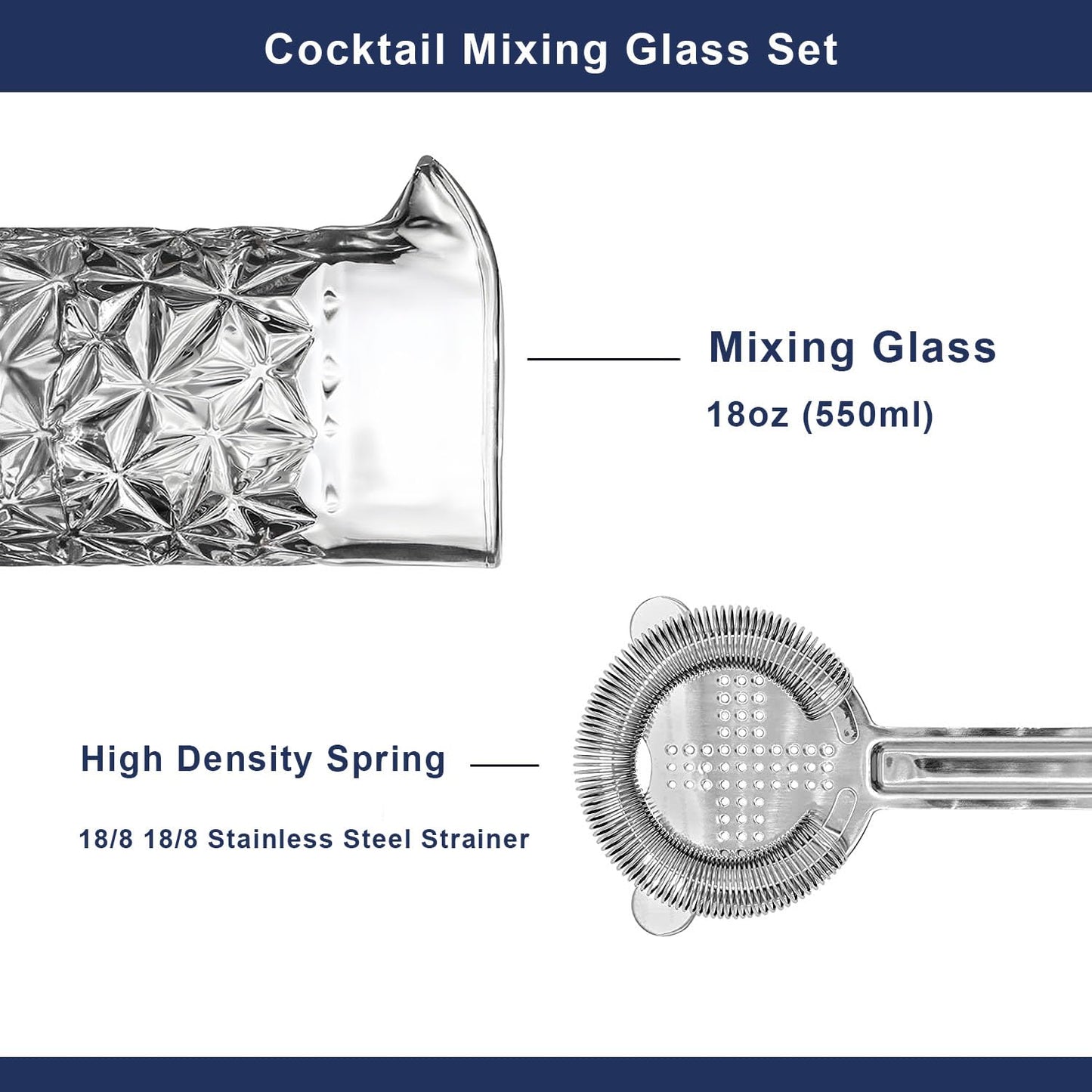 Carfeel 2 Piece Crystal Cocktail Mixing Glass Set with Hawthorne Strainer, Old Fashioned Mixing Glass