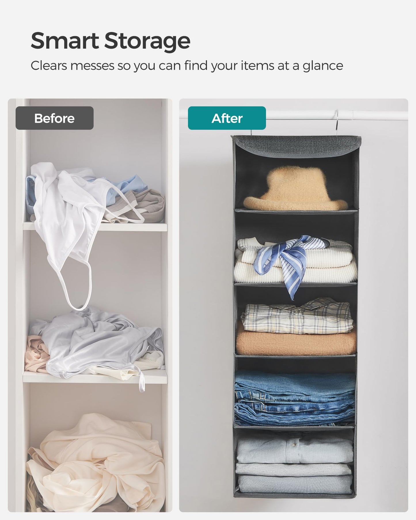 SONGMICS Hanging Closet Organizer, Set of 2, Hanging Storage Shelves, Space-Saving and Foldable, Metal Hooks and Bamboo Inserts, Gray