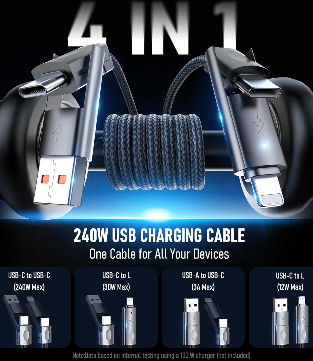 240W 4-in-1 Charging Cable,2Pack 10ft/3M Nylon Braided Multi Charger Cord USB C to C/USB C to L/USB A to C/USB A to L Fast Charge Cable Compatible with iPhone 16/15, Galaxy, MacBook, Tablet (2, 3M)