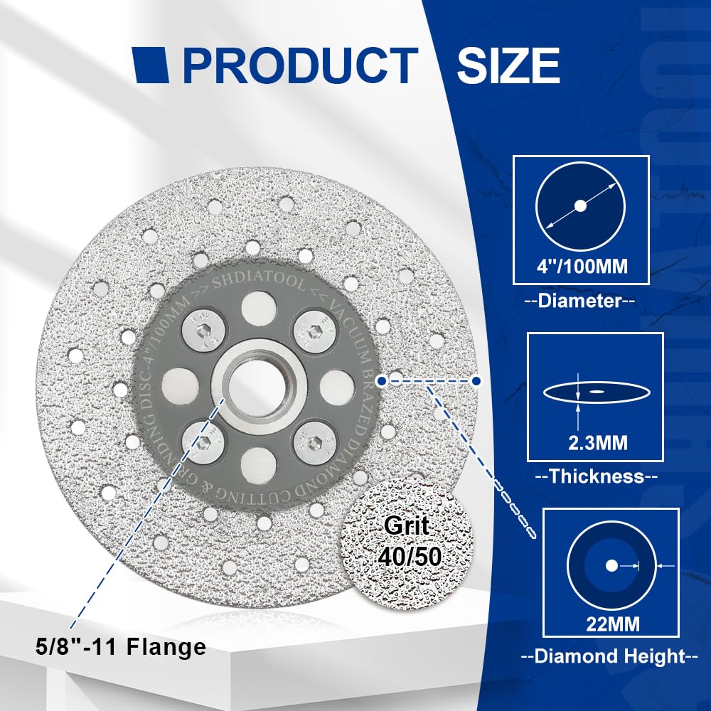 SHDIATOOL 4 Inch Diamond Cutting Grinding Disc Fits 5/8-11 Arbor for Marble Ceramic Double Sided Vacuum Brazed Fast Cutting Shaping Grinding Wheel