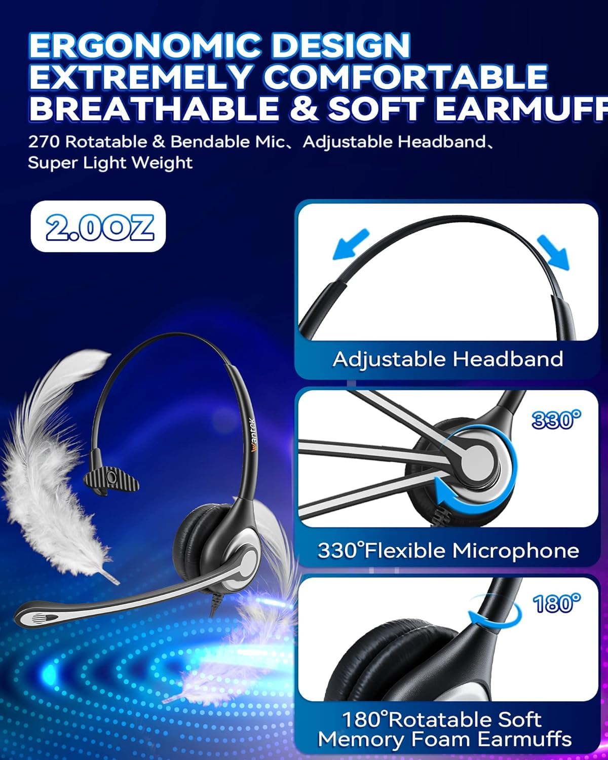 Wantek Wired Phone Headset with Microphone Noise Cancelling, RJ9 Telephone Headsets Compatible with Yealink T20P T21P T26P T23G T42S T46S T48S T53W T57W Avaya J179 9608G 9611G 9620 Grandstream Snom