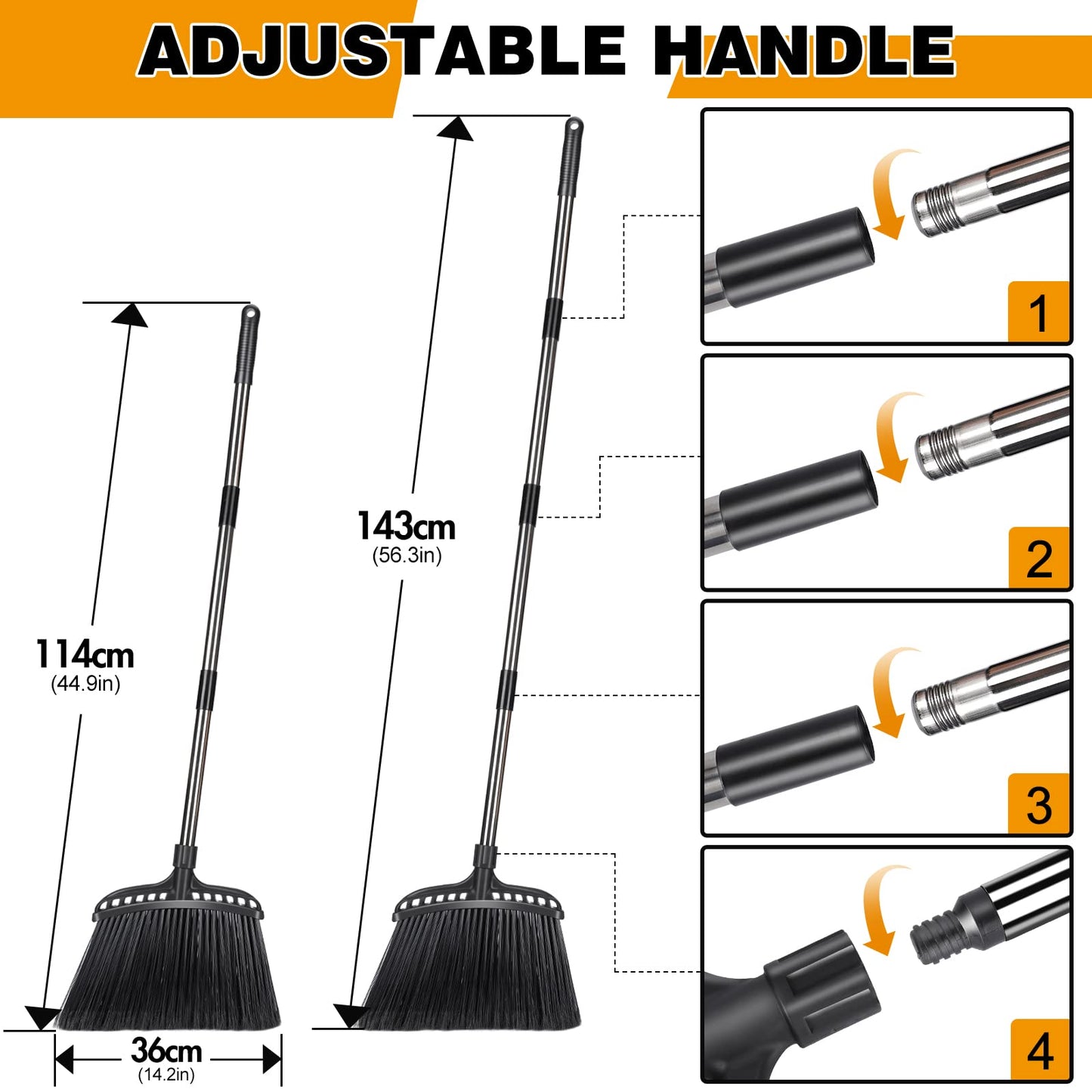 Almcmy Outdoor Broom, Commercial Heavy Duty Broom with Stainless Steel Handle, Angle Broom for Sweeping Indoor Lobby Home Garage Kitchen Office Courtyard Lawn Concrete - Black