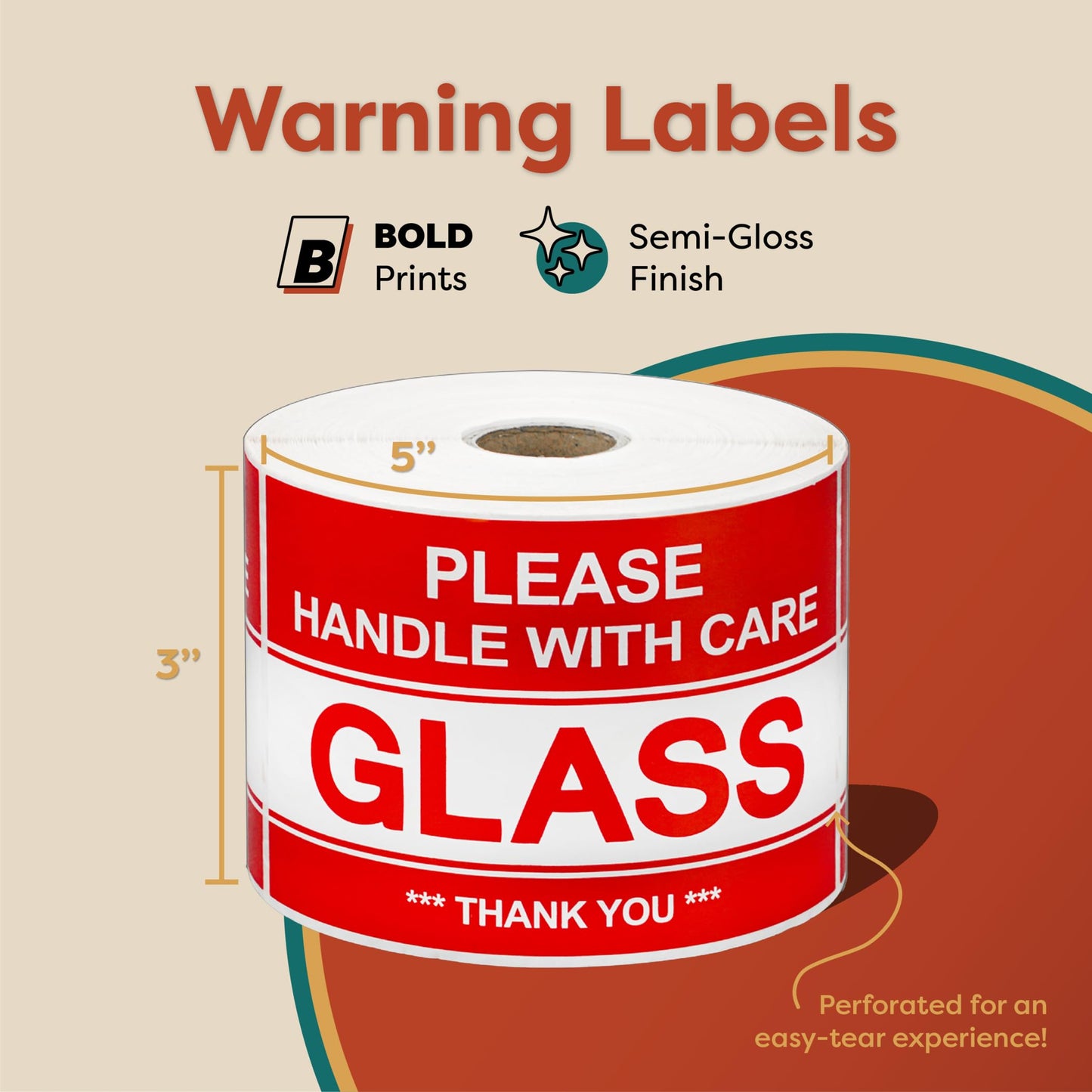 Aegis Adhesives - 3" X 5" (1 Roll, 500 Stickers) Glass - Please Handle with Care - Thank You Warning Shipping Labels