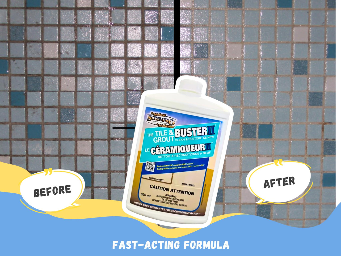 Tile and Grout Buster Cleaner, 850 ml (28 oz) – Heavy-Duty Tile & Grout Stain Remover for Bathroom, Kitchen, Shower & Floors – For Ceramic, Porcelain, Stone & More – Made in Canada