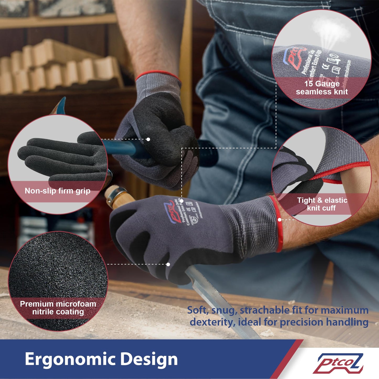 PTCOL Safety Work Gloves Micro-Foam Nitrile Coated-6 Pairs, Seamless Knit Touchscreen Nylon Gloves, with Black Nitrile Grip, for Warehouse, Home Improvement, Automotive, Construction (XX-Large)