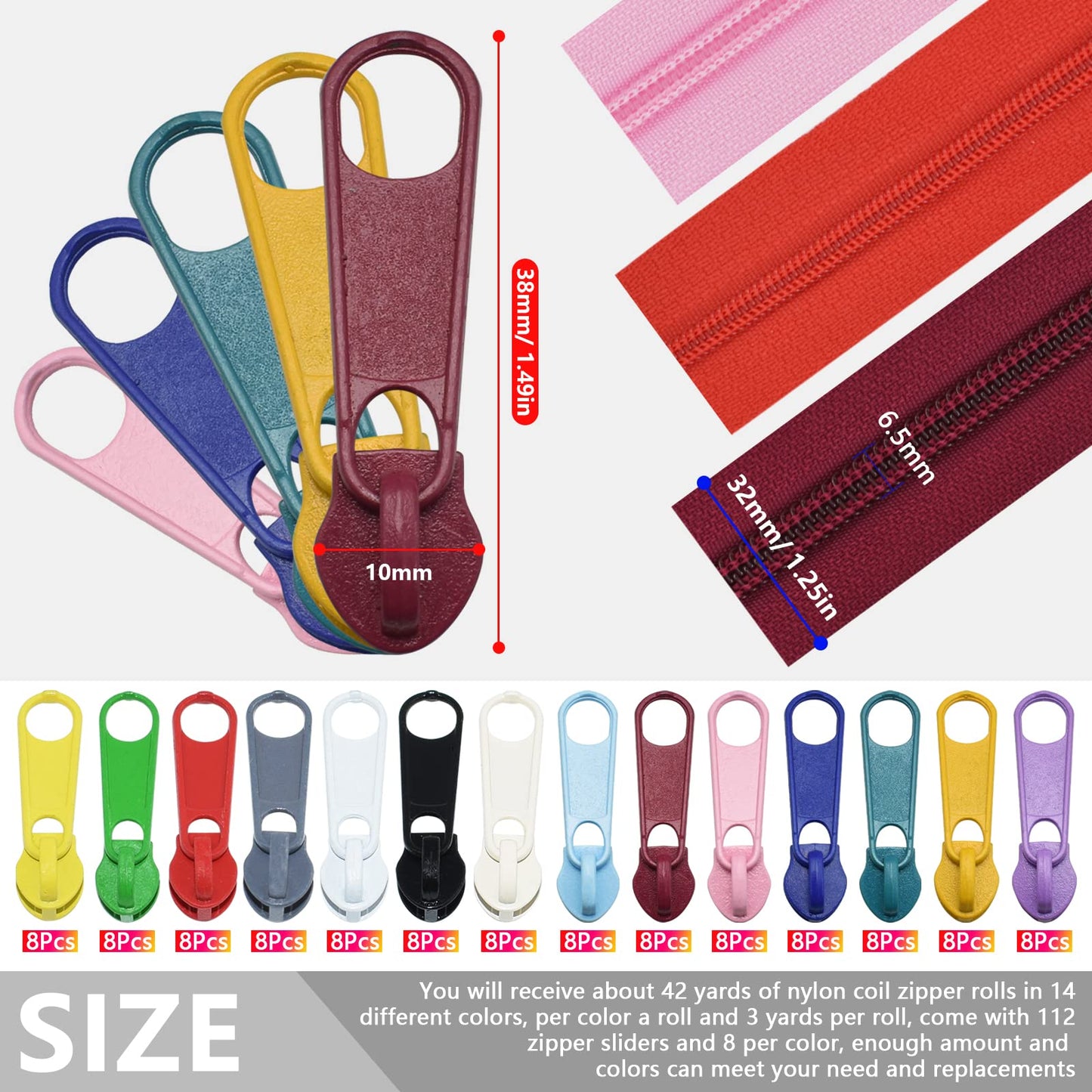 42 Yards #5 Nylon Coil Zippers Kit Sewing Zipper for DIY Sewing Crafts Zipper Tape with Match 112 Pcs Zipper Pull Heads, Zipper Repair Kit for DIY Tailor Sewing Craft Supplies, 14 Color
