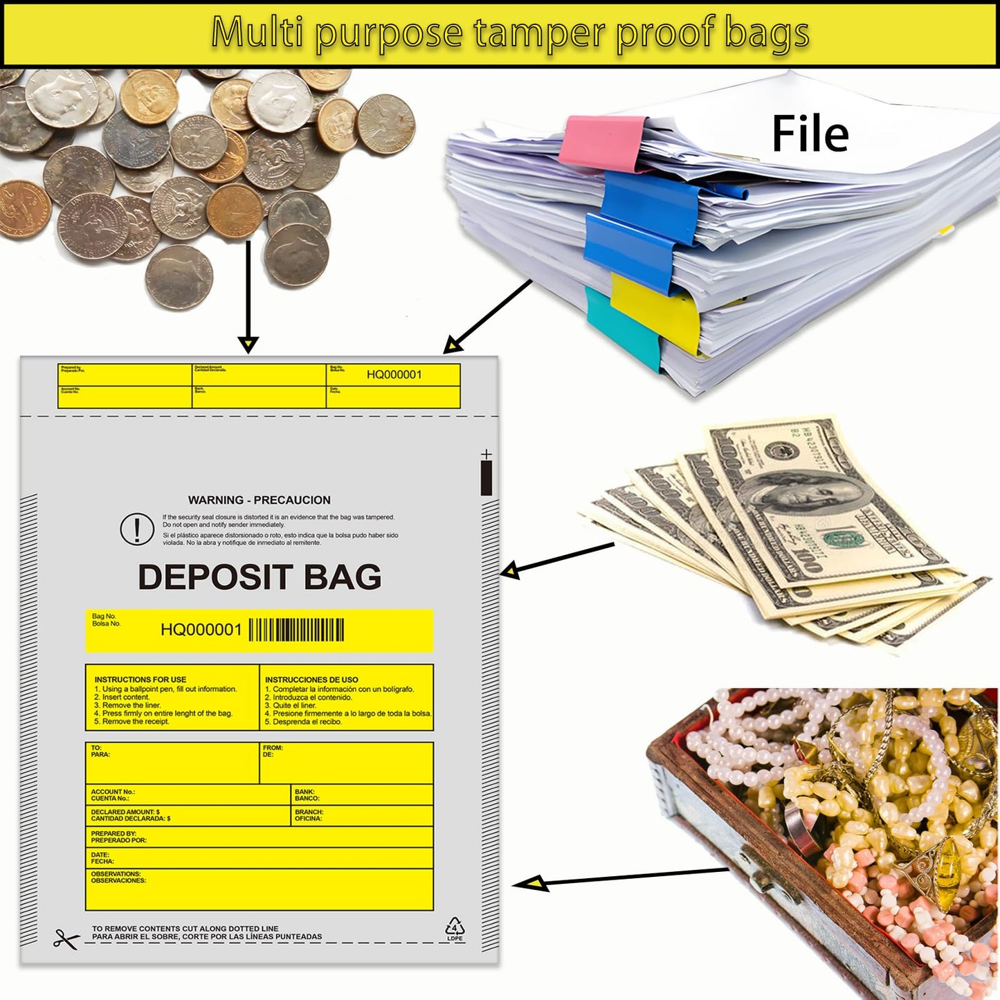 Daarcin Opaque Bank Deposit Bags, 100pcs 9x12in Tamper Proof Bag, Cash Handling, Transportation, Transfer, Valuables, Secure Bank Pocket with Independent Barcode, Self Sealing Glue, Tamper Proof