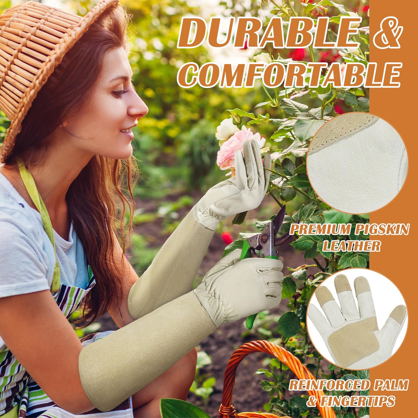 HANDLANDY Rose Pruning Gloves for Men & Women, Long Thorn Proof Gardening Gloves, Breathable Pigskin Leather Gauntlet, Best Garden Gifts & Tools for Gardener(X-Large, Beige)
