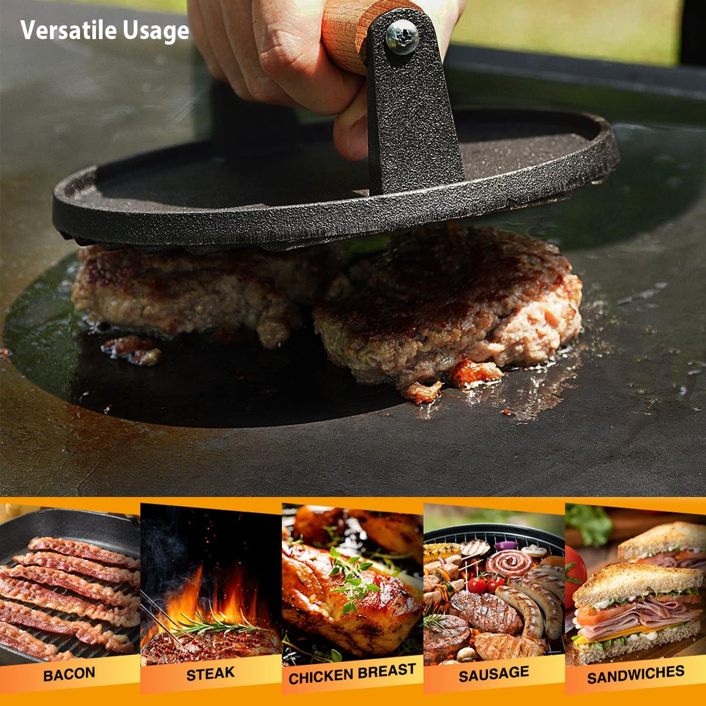 Smash Burger Press kit - 2 lb Heavy Duty Cast Iron Burger Press - 3 in 1 Hamburger Patty Maker Mold - 50 Patty Papers,100 Bamboo Skewers, Round Bacon Press for Blackstone Griddle Accessories