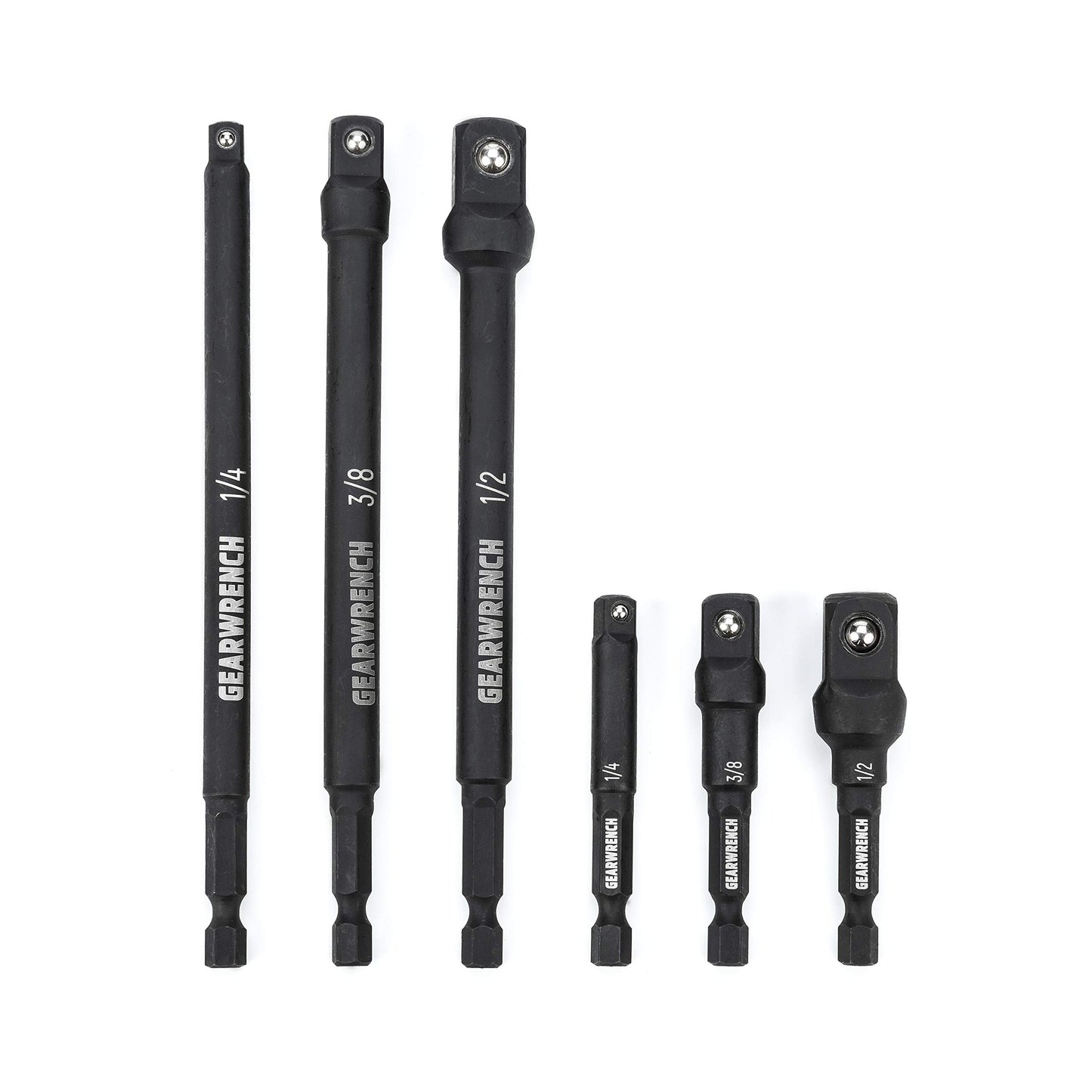 GEARWRENCH 6 Pc 1/4" Drive Hex Shank Impact Socket extensions - 1/4", 3/8" and 1/2" Drive sizes - 2-1/2" & 6" long - 84971A-02