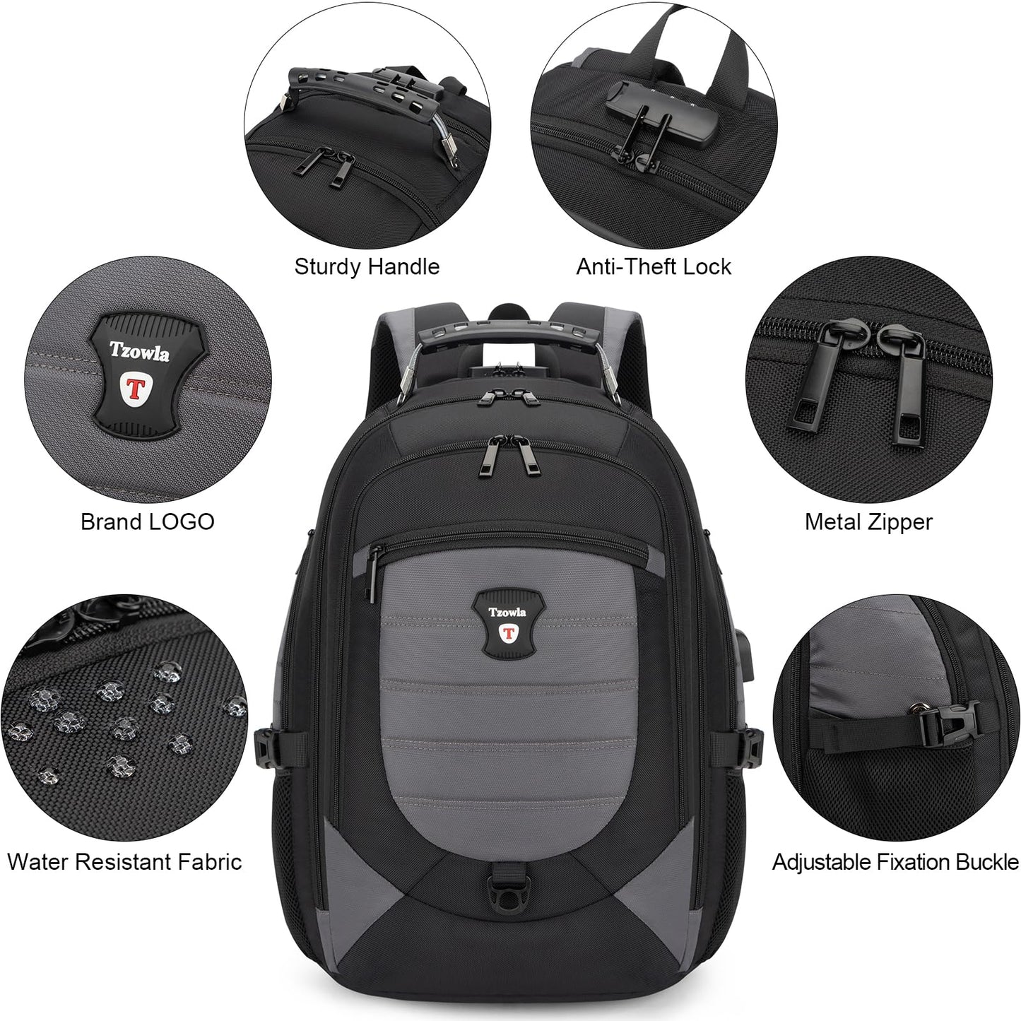 Tzowla Travel Laptop Backpack for Men Women,17.3"Computer Water Resistant Anti Theft TSA Friendly Backpacks with Lock and USB Charging Port,College Business Work Hiking Bookbag Daypack,Dark Grey