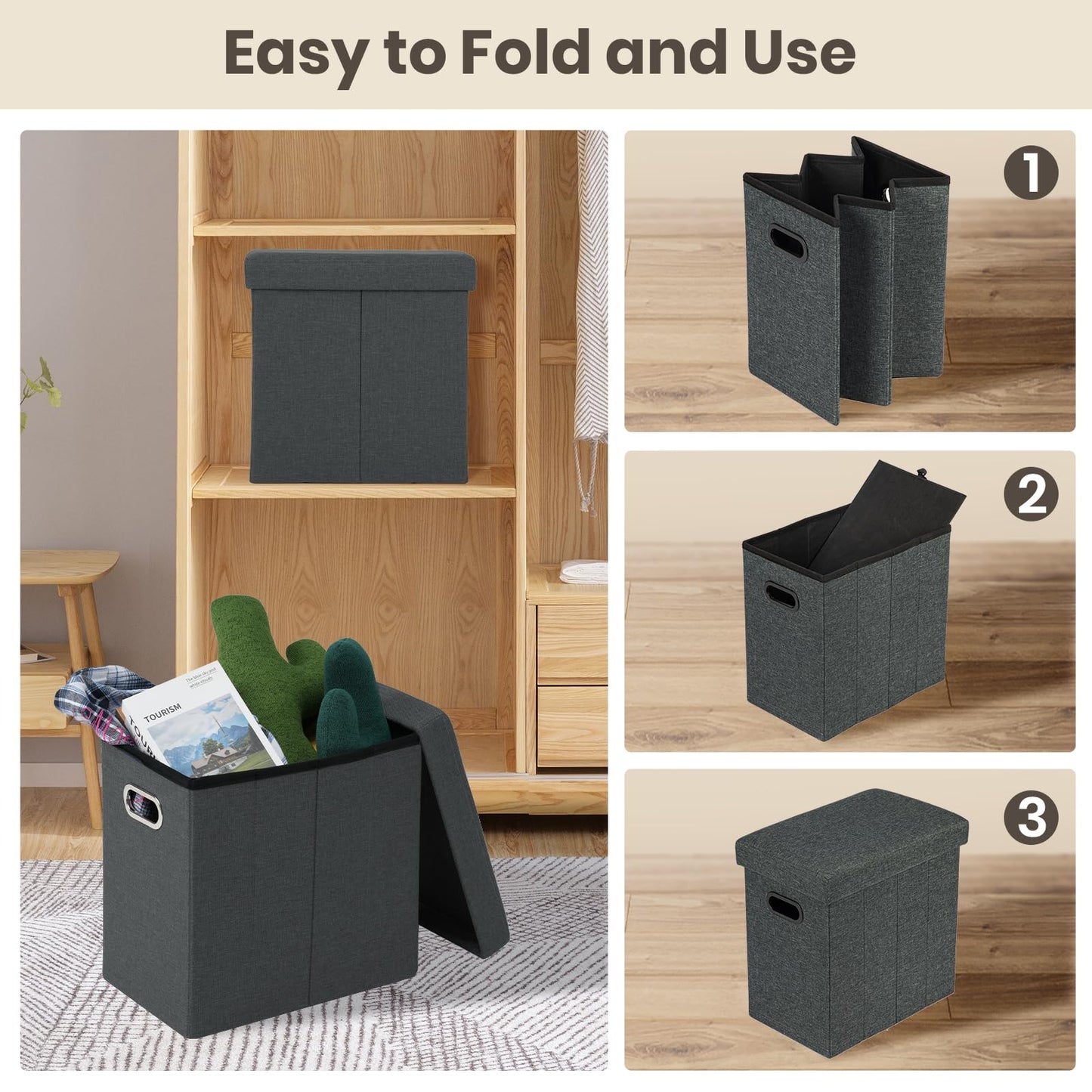 COSYLAND Tall Ottoman with Storage - 42x27x42 CM Slim Ottoman Footrest Foot Stool, Folding Small Ottoman Bench Seat with Handles and Lid for Narrow Space Beside The Sofa/Coffee Table (Black Gray)