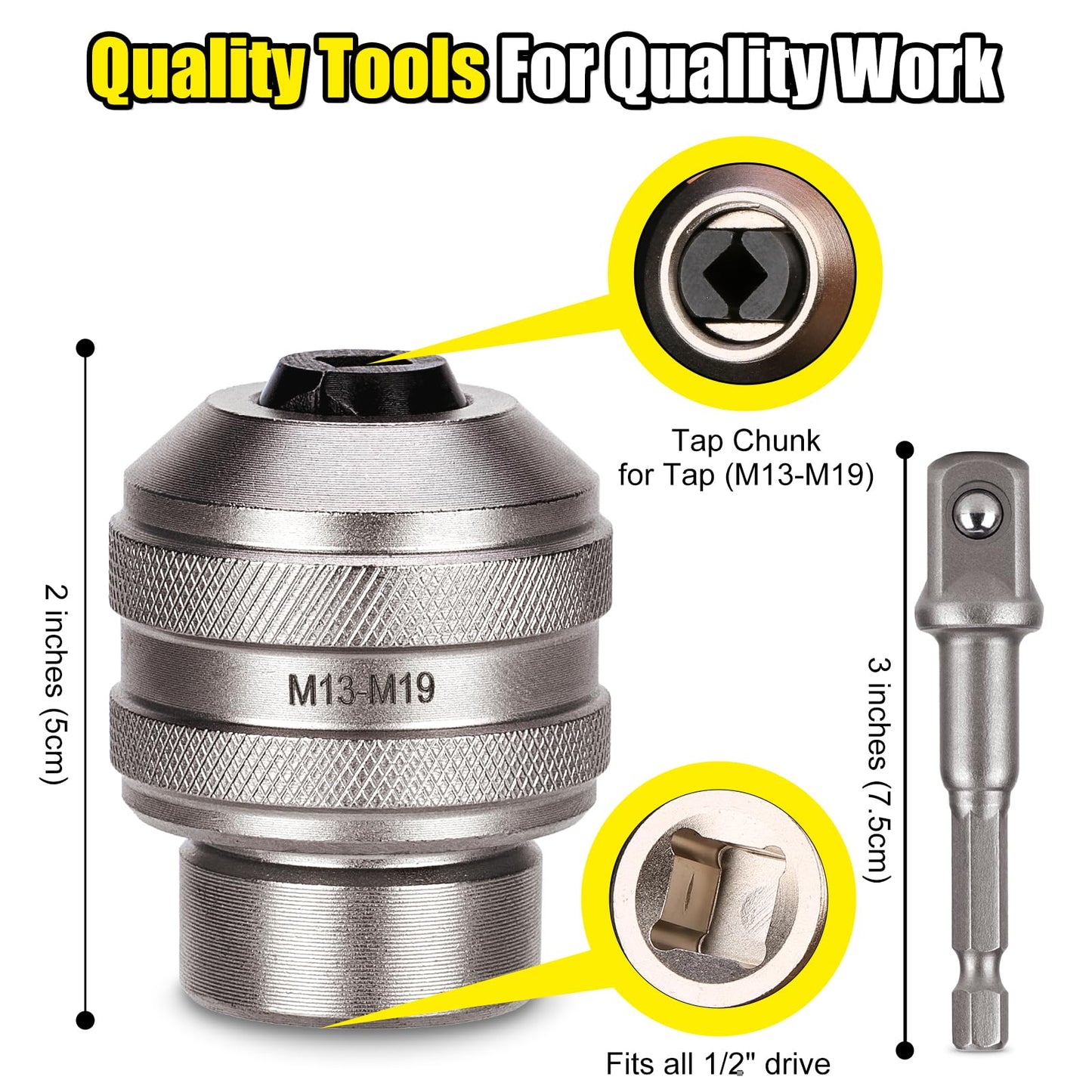 Topec Tap Socket Set, 2-Piece 1/2"DR x M13~M19 Adjustable Tap Chuck Tool with a 1/2"Socket Adapter, Tap Handle for Taps, Reamers, Screw Extractors
