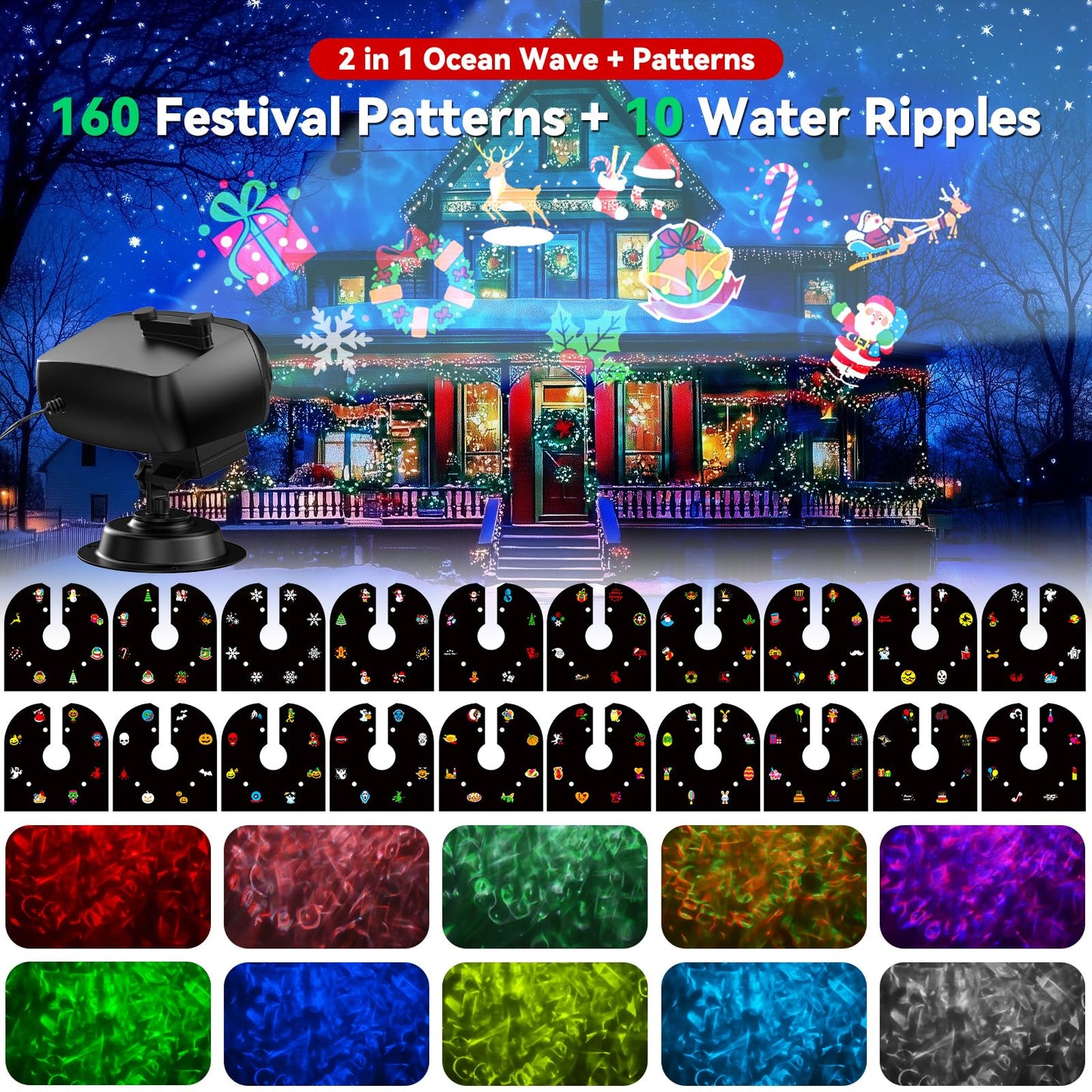 Christmas Projector Lights Outdoor, Waterproof 2-in-1 Holiday Decorations Projection Lamp (10 Ocean Wave & 160 Patterns) with Remote Control for Christmas New Year Decor Light Show (Black)