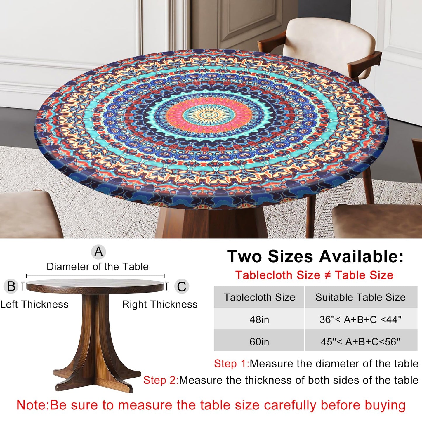 Alynsehom Round Tablecloth with Elastic Edge Outdoor Round Fitted Vinyl Table Cloth 36-44” Waterproof Wipeable Boho Table Cover for Dining Kitchen Picnic Barbecue Party Camping Decor Housewarming Gift