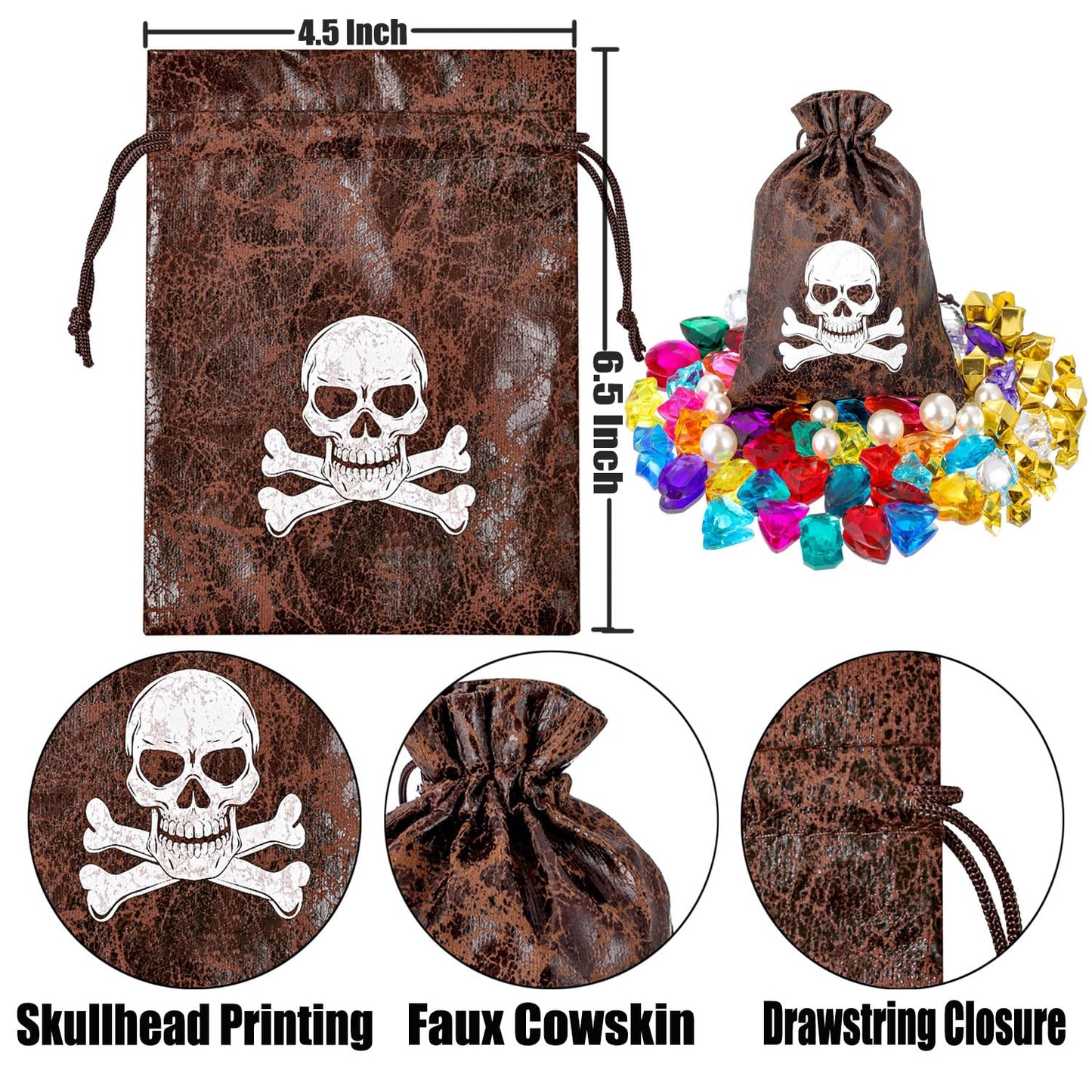 RICHNESS Pirate Loot Bags with Drawstring - Faux Cow Skin Treasure Bags for Party Favors - Pack of 12