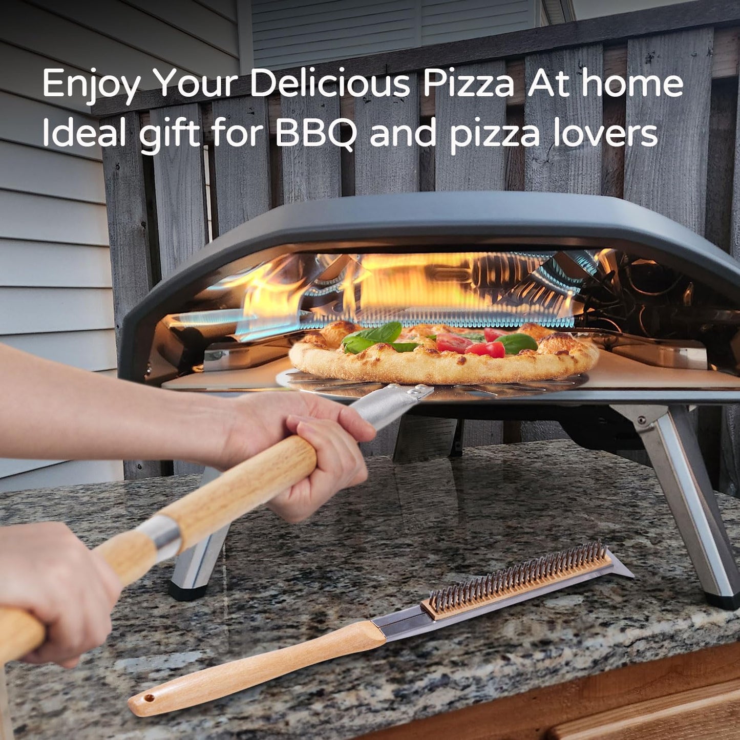 ROCKSHEAT Pizza Oven Brush, 20 Inch Grill Cleaning Brush with Scraper, Heat Resistant Stainless Steel Bristles, Beech Wood Handle, 2 in 1 Pizza Stones Brush, Ooni Ourdoor Pizza Oven Accessories
