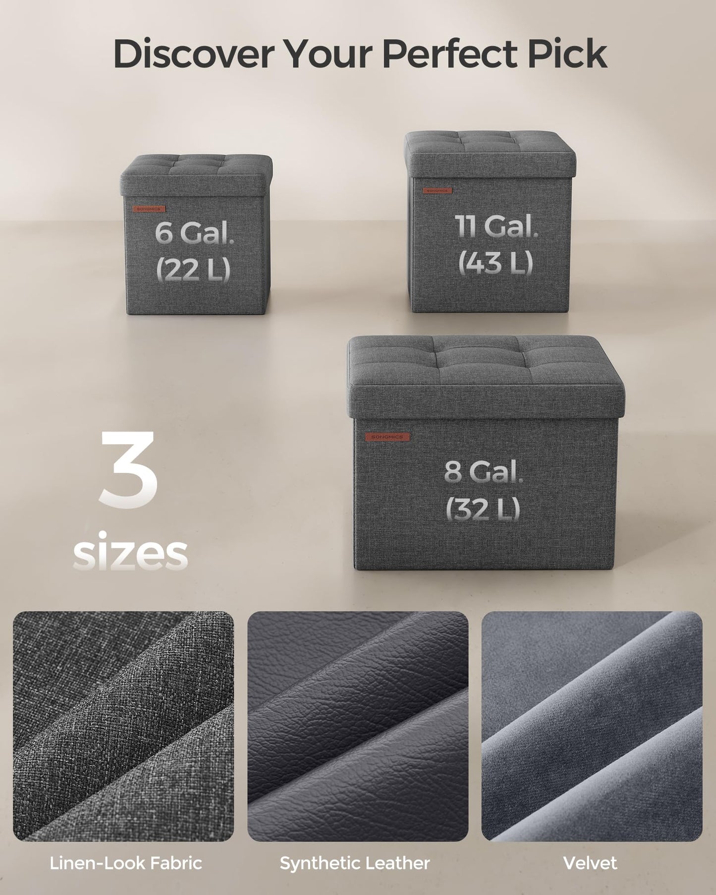 SONGMICS Folding Storage Ottoman Bench,30 x 30 x 30 cm,Ottoman Foot Rest, Storage Chest, Load 130 kg, for Living Room, Entryway, Dorm, Dark Gray ULSF028G01