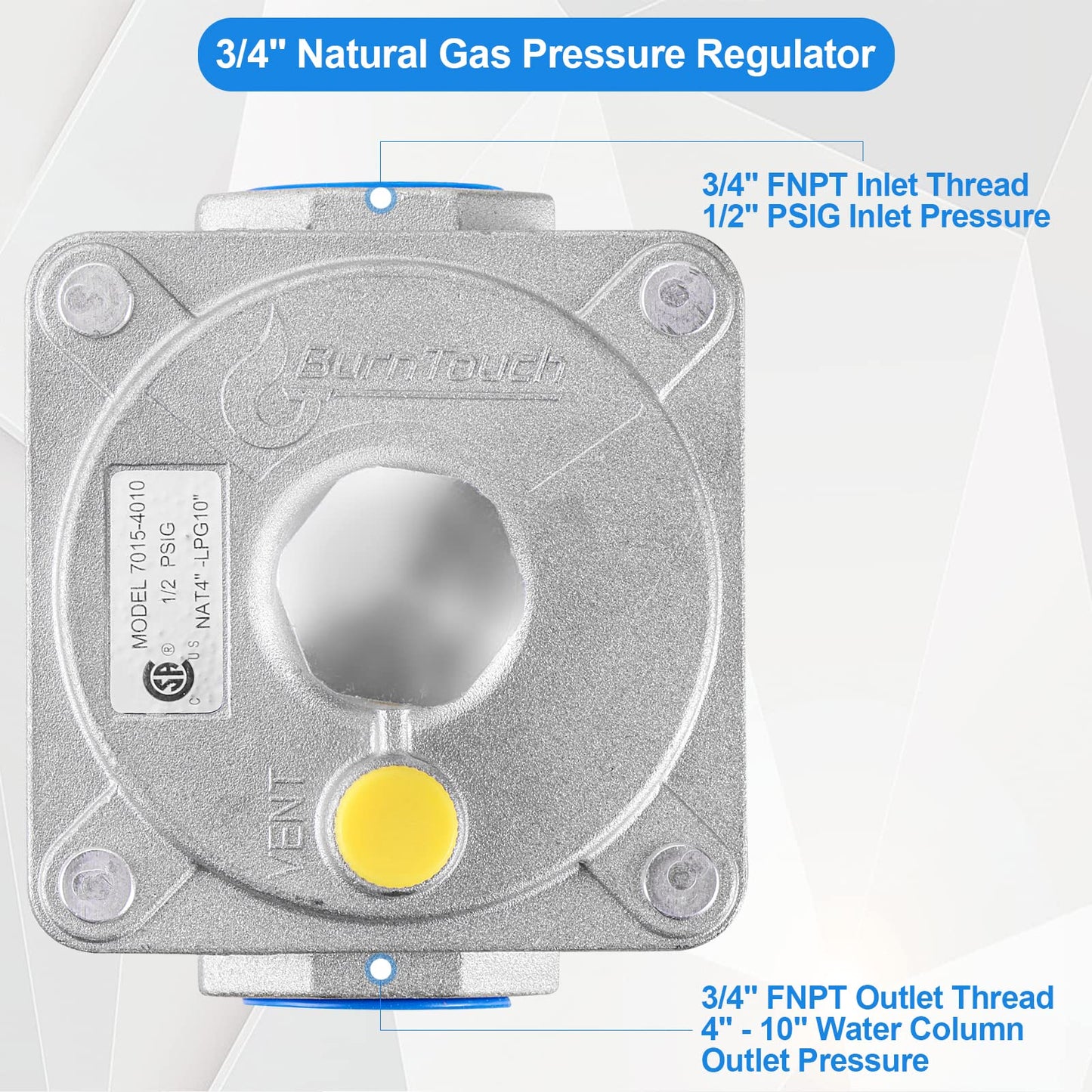 Catilon Natural Gas Pressure Regulator 3/4" FNPT, Gas Propane Pressure Regulator with 1/2 PSIG Inlet Pressure and 4"-10" WC Outlet, for LPG/NG Grill Regulator