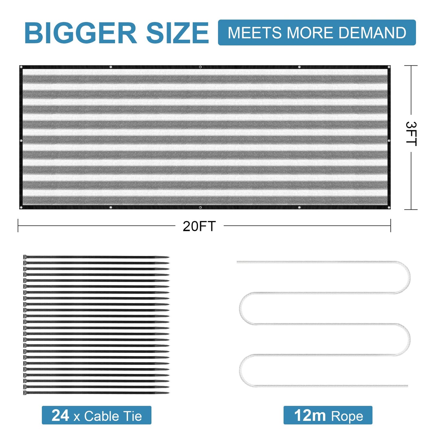 AGJIDSO Balcony Privacy Screen 3.0ft x 20ft, Heavy Duty UV Protection Heat Resistant, Outdoor Privacy Screen with 24 pcs Cable Ties and Rope for Home, Balcony, Garden Patio, Grey White
