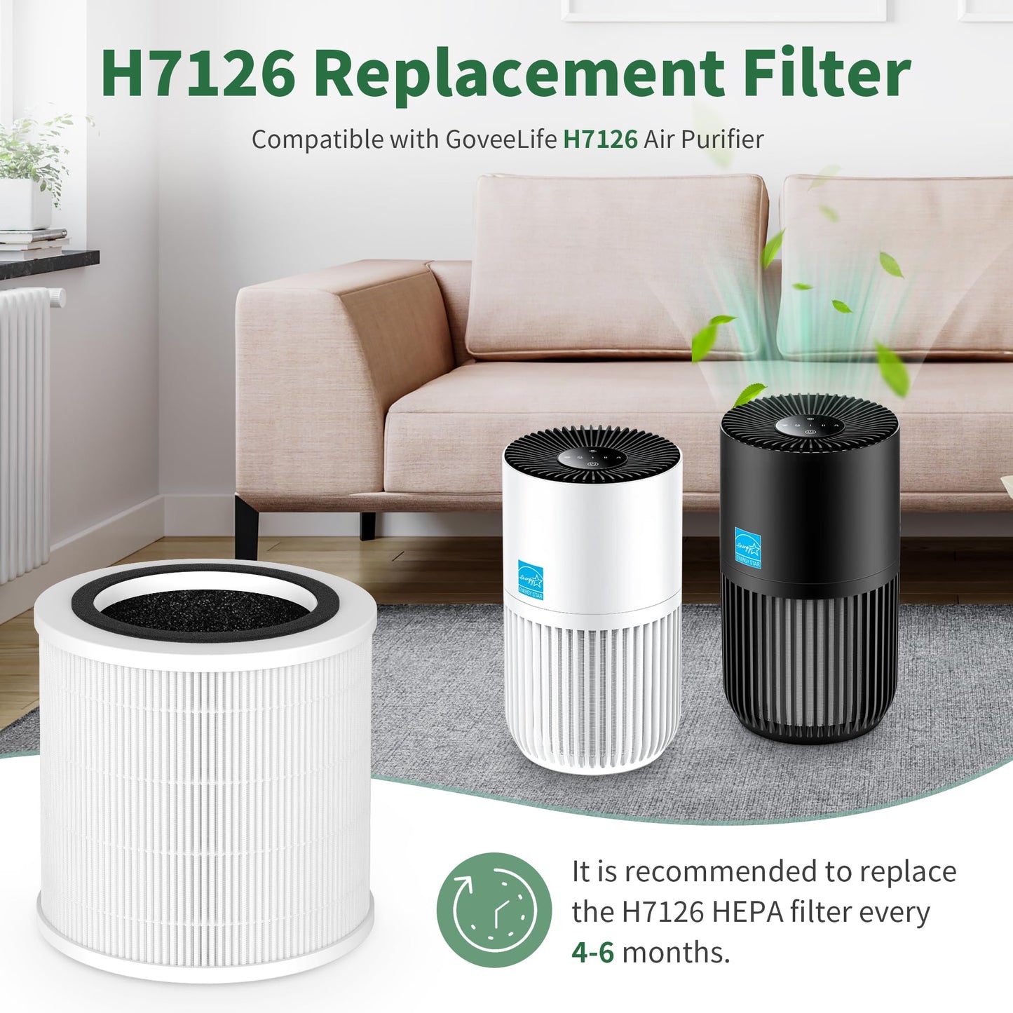 2 Pack H7126 Replacement Filter for GoveeLife H7126 Mini Air Purifier, 3-in-1 High-Efficiency Air Filter, Replace Part #H7126-RF