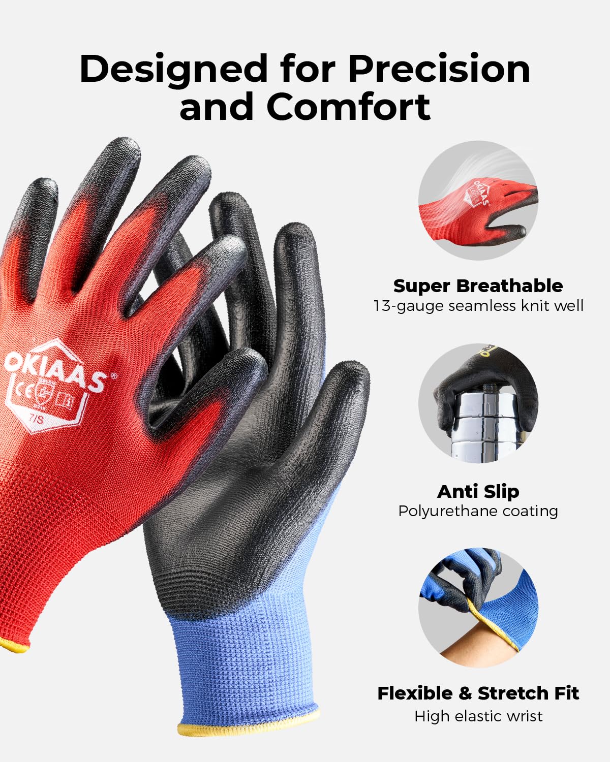 OKIAAS Work Gloves for Men,Ultra Thin and Lightweight Working Gloves with Grip, 12 Pairs Bulk Pack Construction Gloves with Polyurethane Coating, Safety Gloves for Light Duty Work (Red, X-Large)